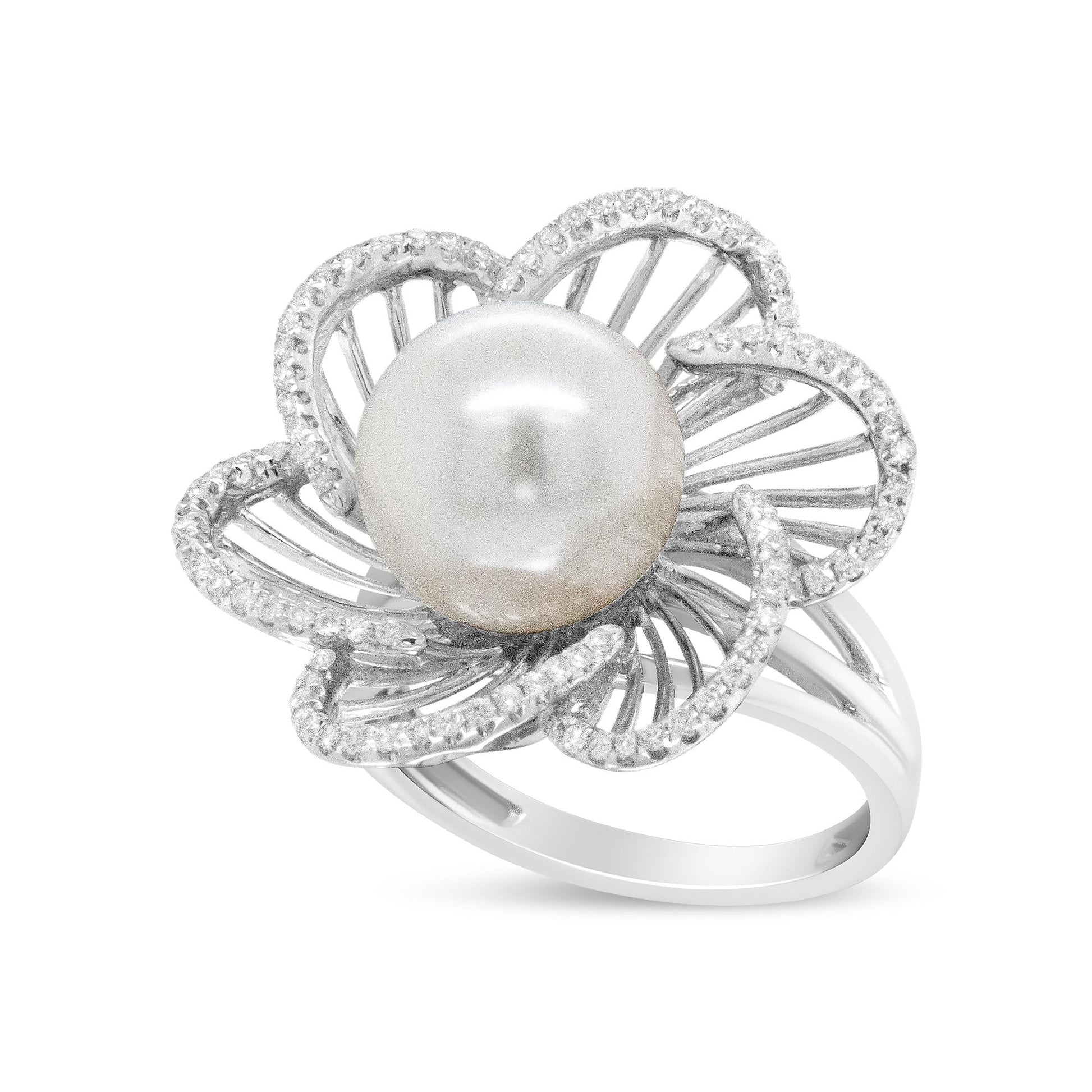 14K White Gold 11mm Round Pearl and 1/3 Cttw Round Diamond Openwork Flower