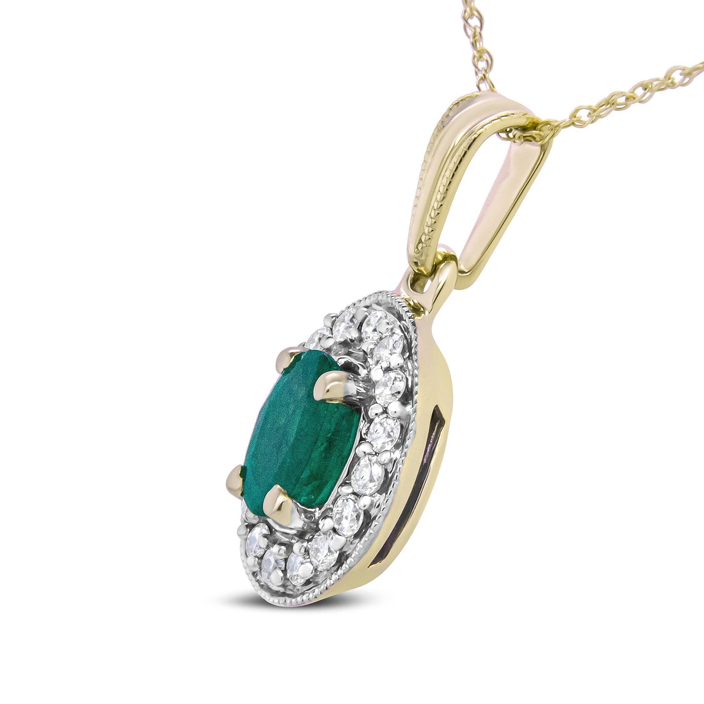 14K Yellow Gold 6x4mm Emerald and 1/5 Cttw Round Diamond Halo Pendant 18’’