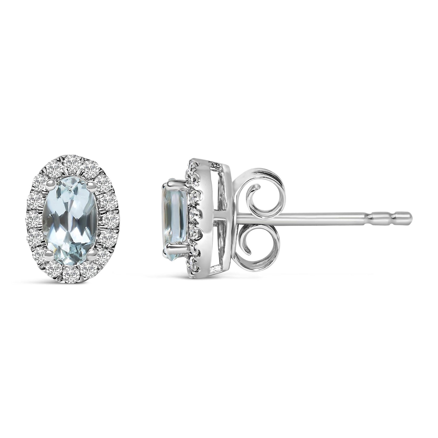 10K White Gold 5x3 MM Oval Cut Birthstone and Diamond Halo Stud Earrings (I-J Color, I1-I2 Clarity)