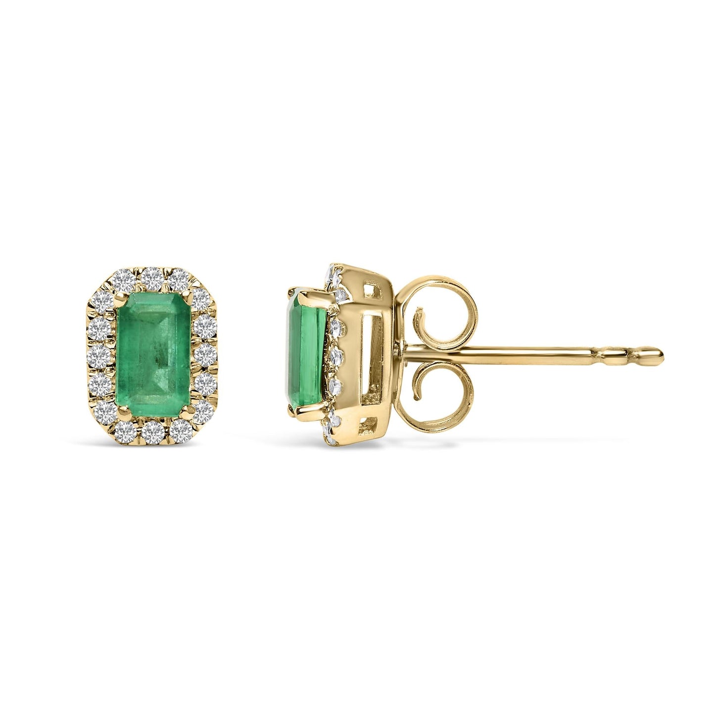 10K Yellow Gold 5x3mm Emerald-Cut Green Emerald and 1/7 Cttw Diamond Halo Octagonal Stud Earrings (I-J Color, I1-I2 Clarity)