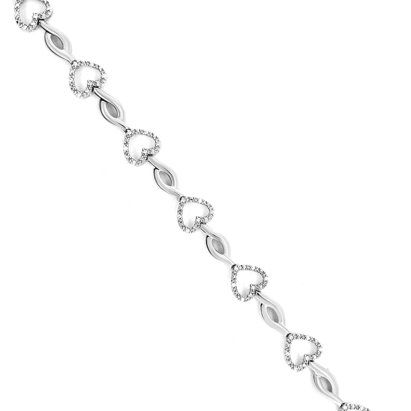 .925 Sterling Silver 1/4 Cttw Round-Cut Diamond Alternating Heart and Leaf Link