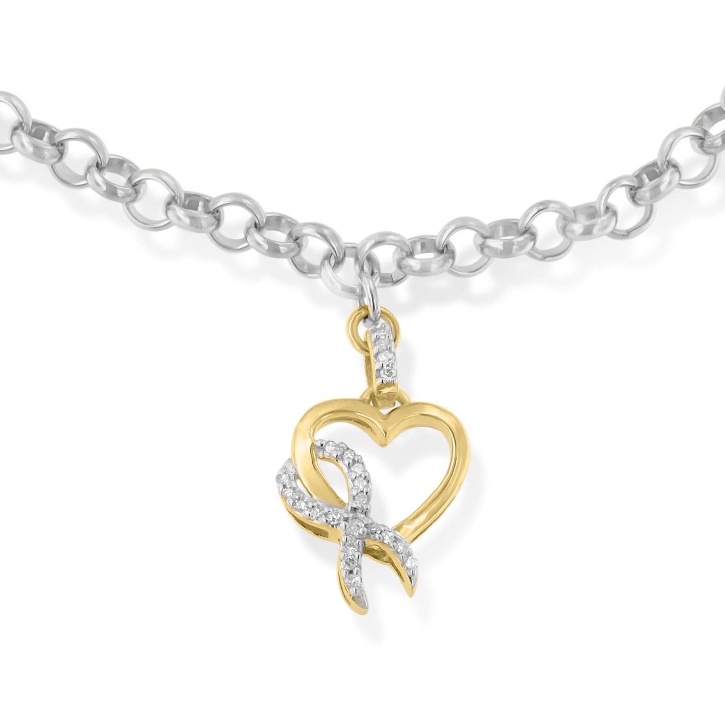 10K Yellow Gold 1/10 Cttw Diamond Awareness Ribbon & Heart Charm on 7’’.925