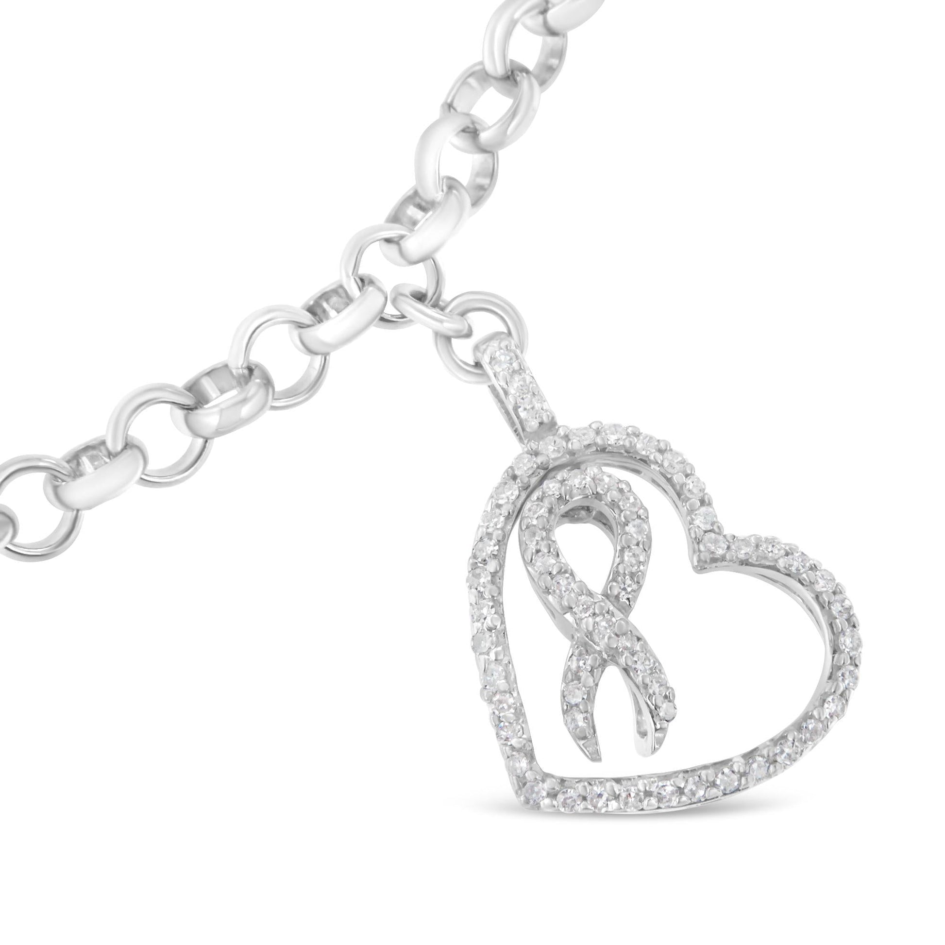 .925 Sterling Silver 1/4 Cttw Diamond-Accented Heart and Ribbon Charm 7’’