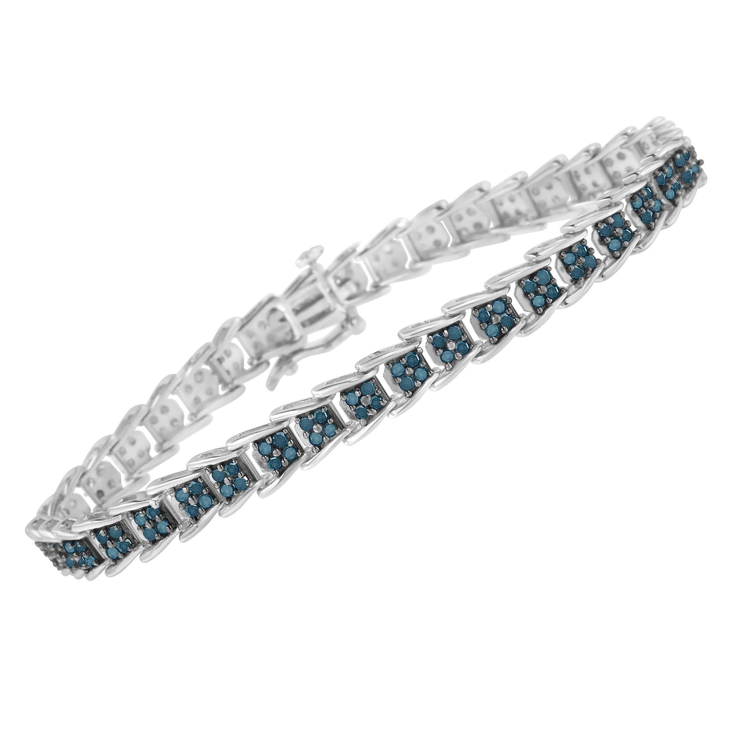 .925 Sterling Silver 2 cttw Treated Blue Diamond Fan-Shaped Nested Link 7" Tennis Bracelet (Blue Color, I3 Clarity) - Size 7"