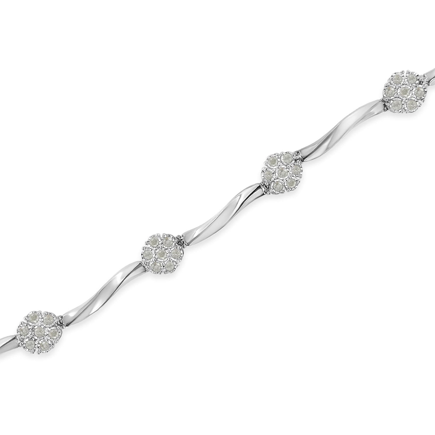 .925 Sterling Silver 1.0 Cttw Diamond Cluster Miracle-Set Station & Twisted Bar