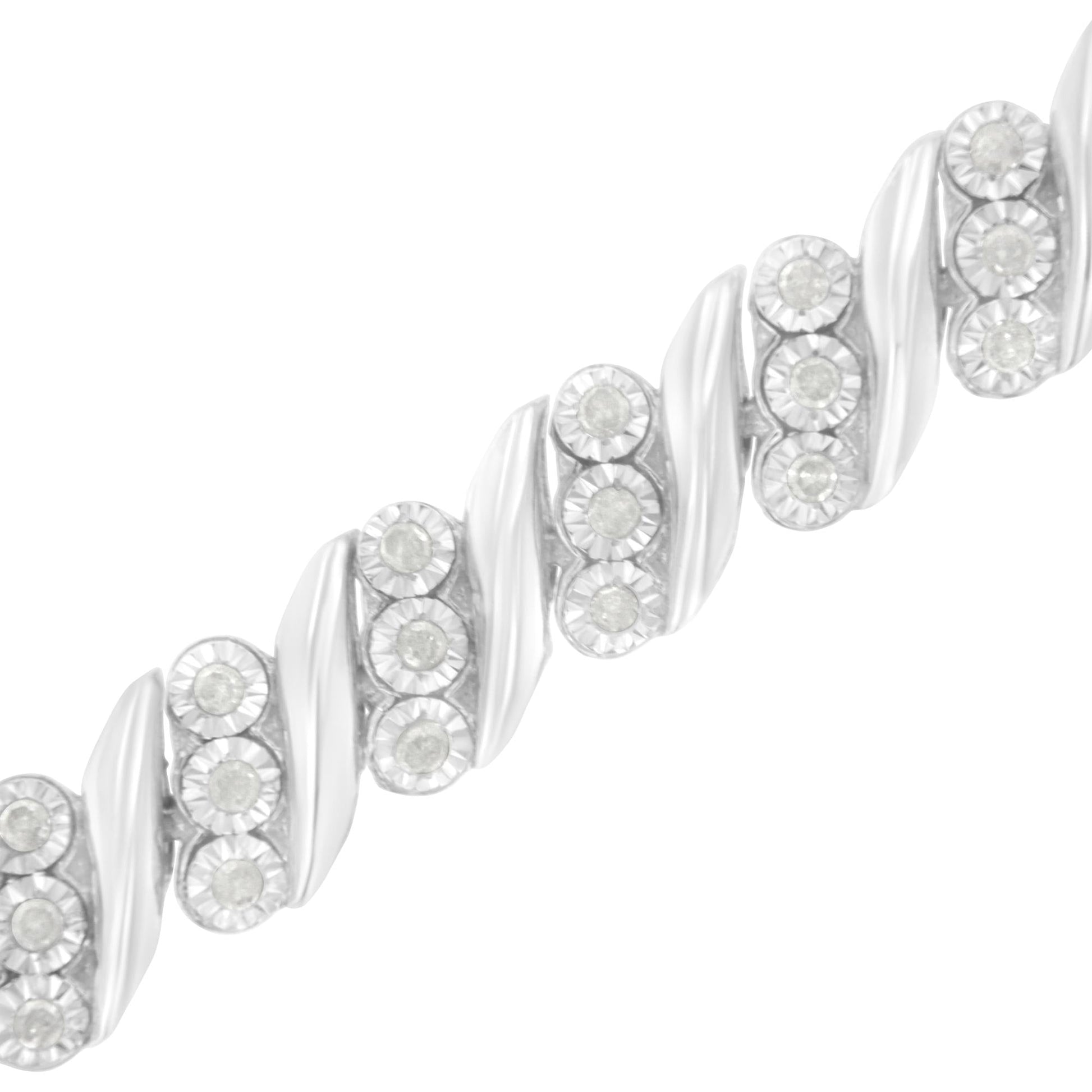 .925 Sterling Silver 3-Stone Row Diamond ’S’ Link Bracelet (1 cttw I-J