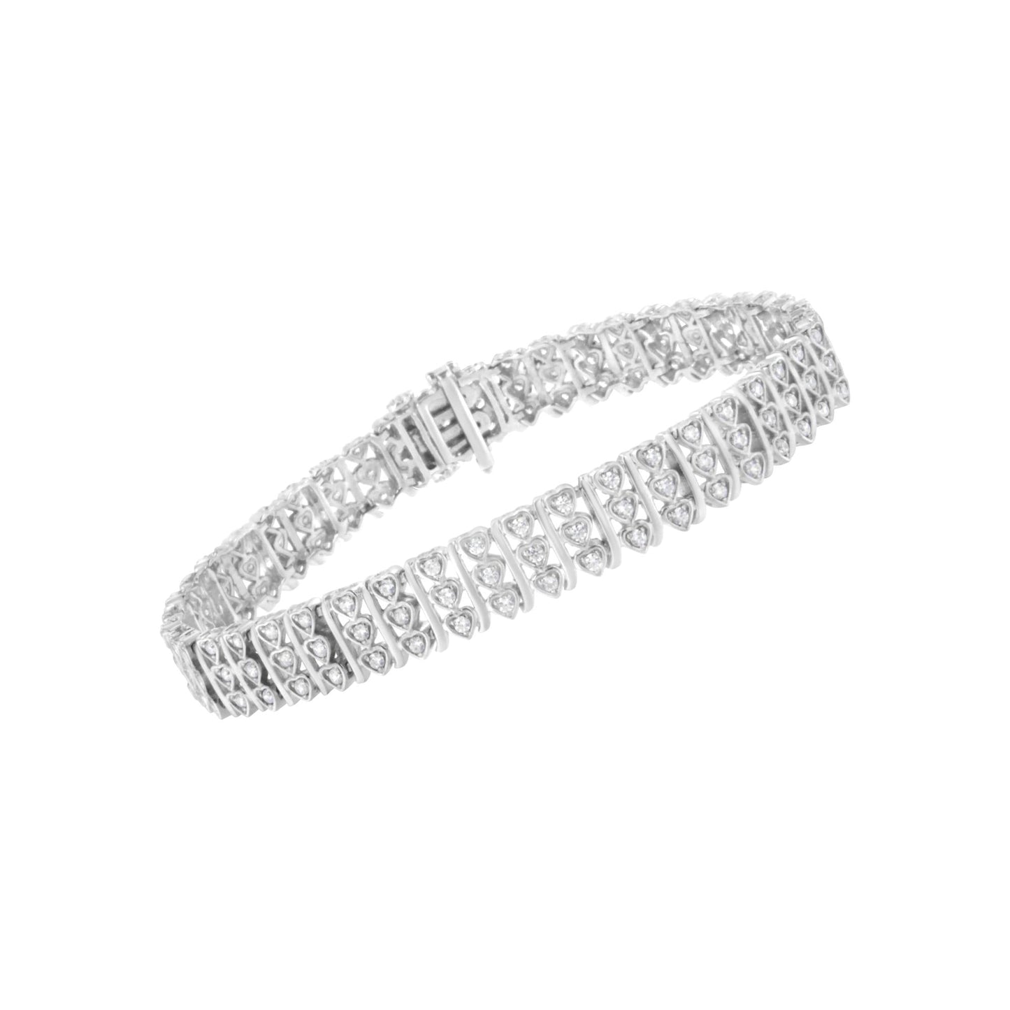 .925 Sterling Silver 1 1/2 cttw Round Diamond 3 Row Heart Link Bracelet (I-J