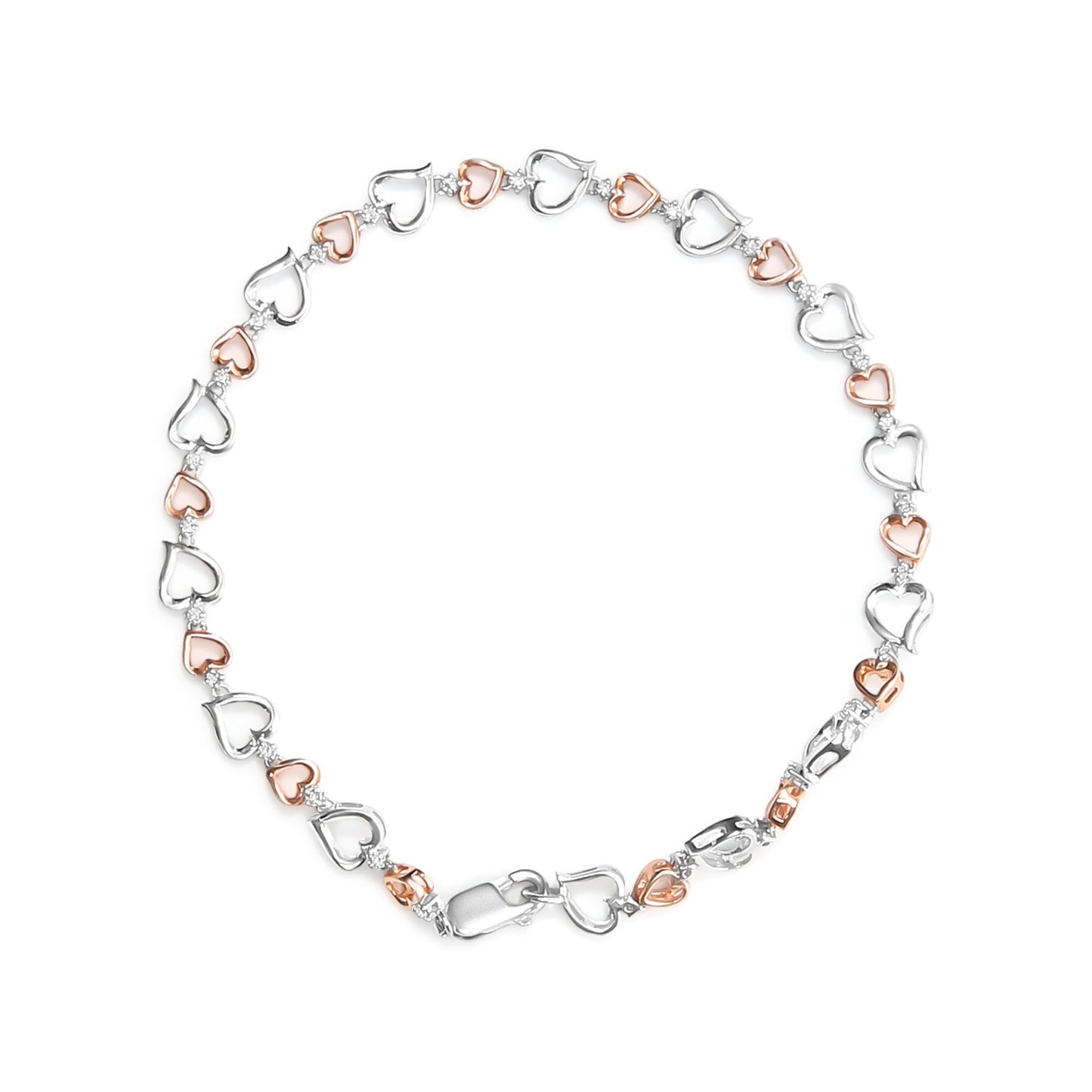 14K Rose Gold Plated.925 Sterling Silver 1/4 Cttw Diamond Heart Link Bracelet