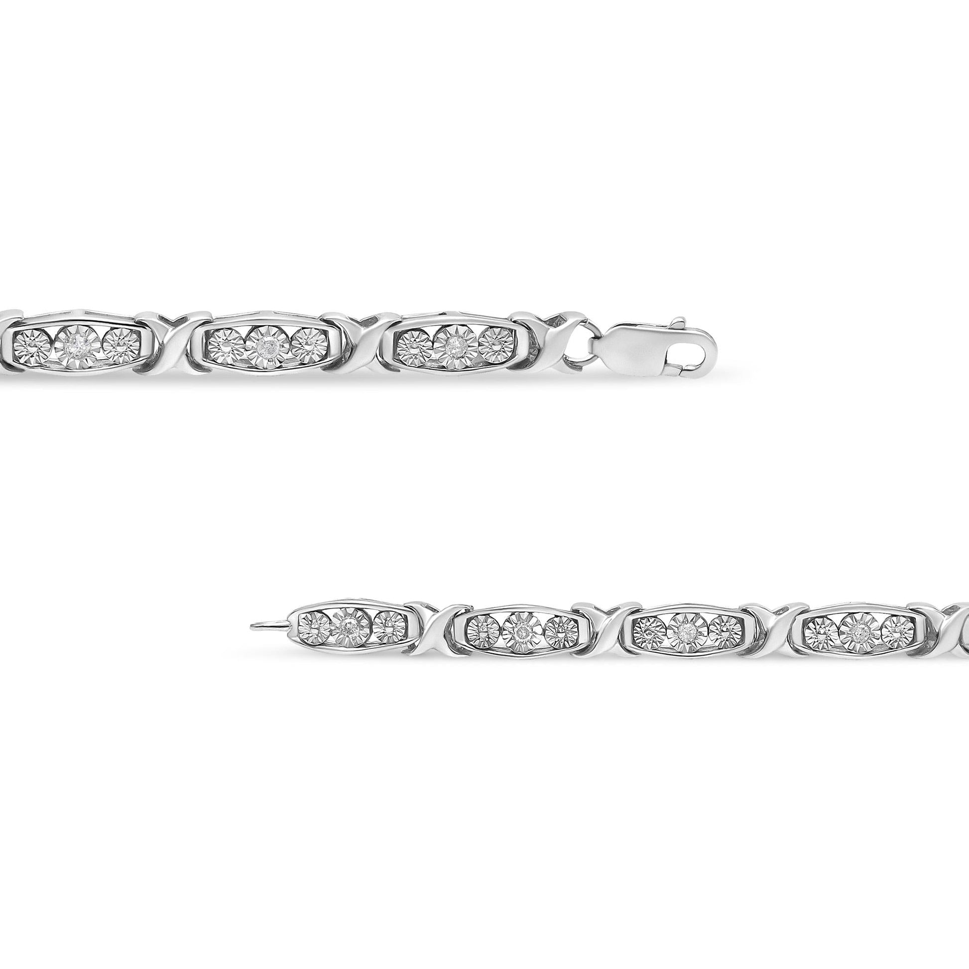 .925 Sterling Silver 1/10 Cttw Diamond Miracle Set 3 Stone Link Bracelet (I-J