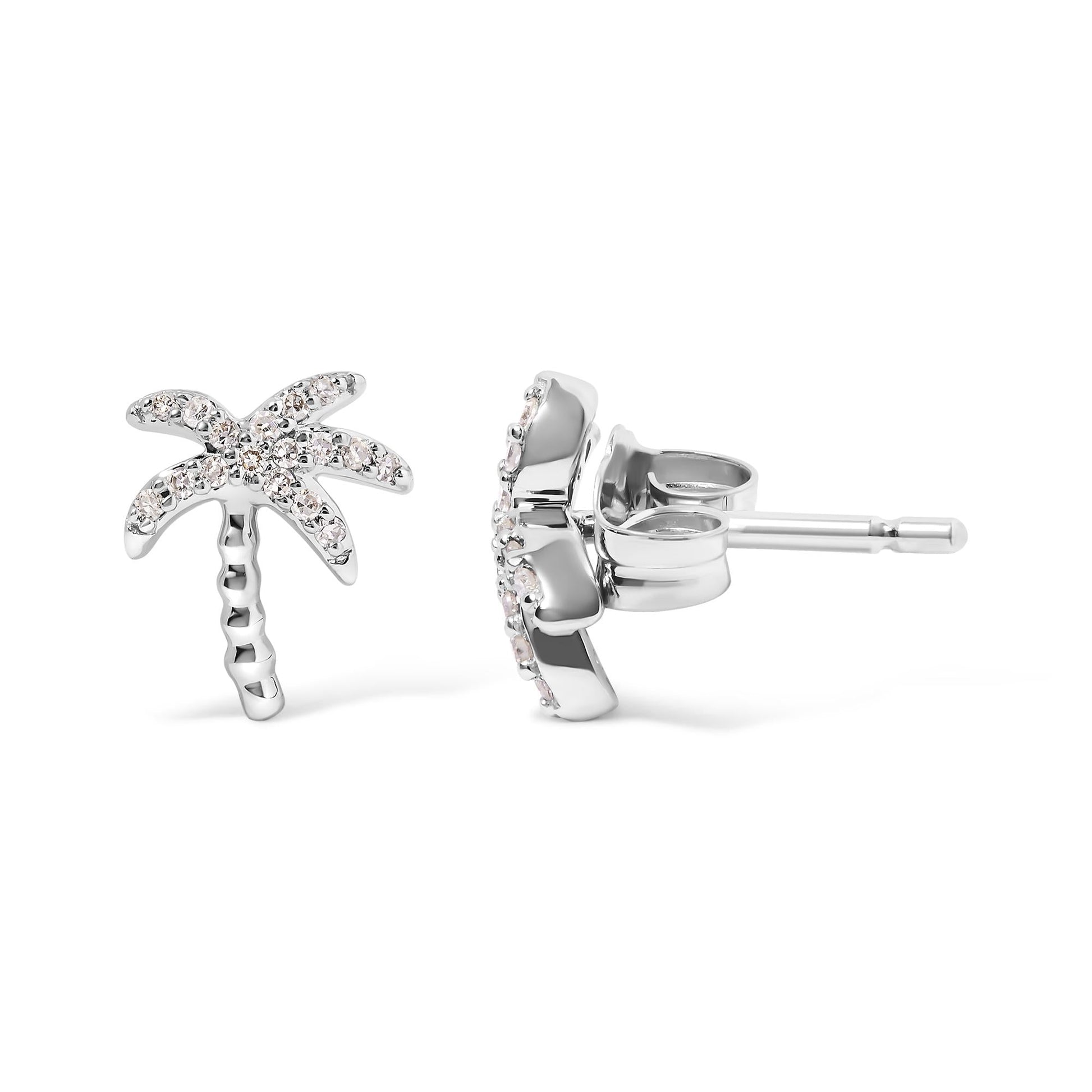 10K White Gold 1/10 Cttw Diamond Encrusted Palm Tree Stud Earrings (H-I Color