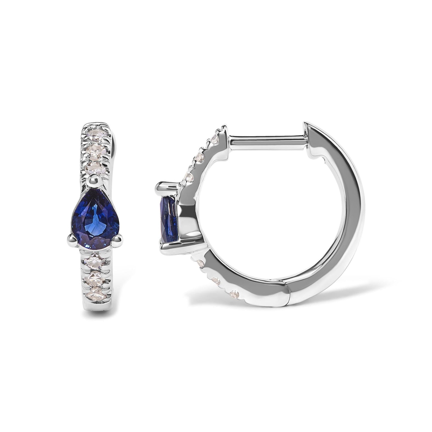 10K White Gold Pear Shaped Blue Sapphire and 1/10 Cttw Diamond Huggy Hoop