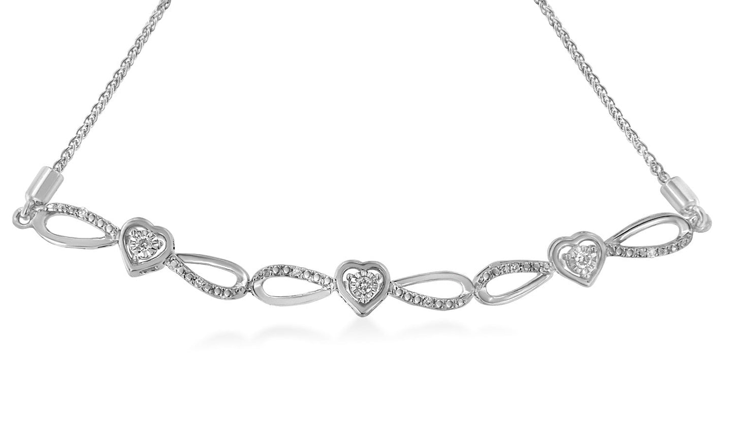 .925 Sterling Silver 1/10 Cttw Diamond Triple Heart-in-Infinity Bolo Style Adjustable Bracelet (H-I Color, I2-I3 Clarity)