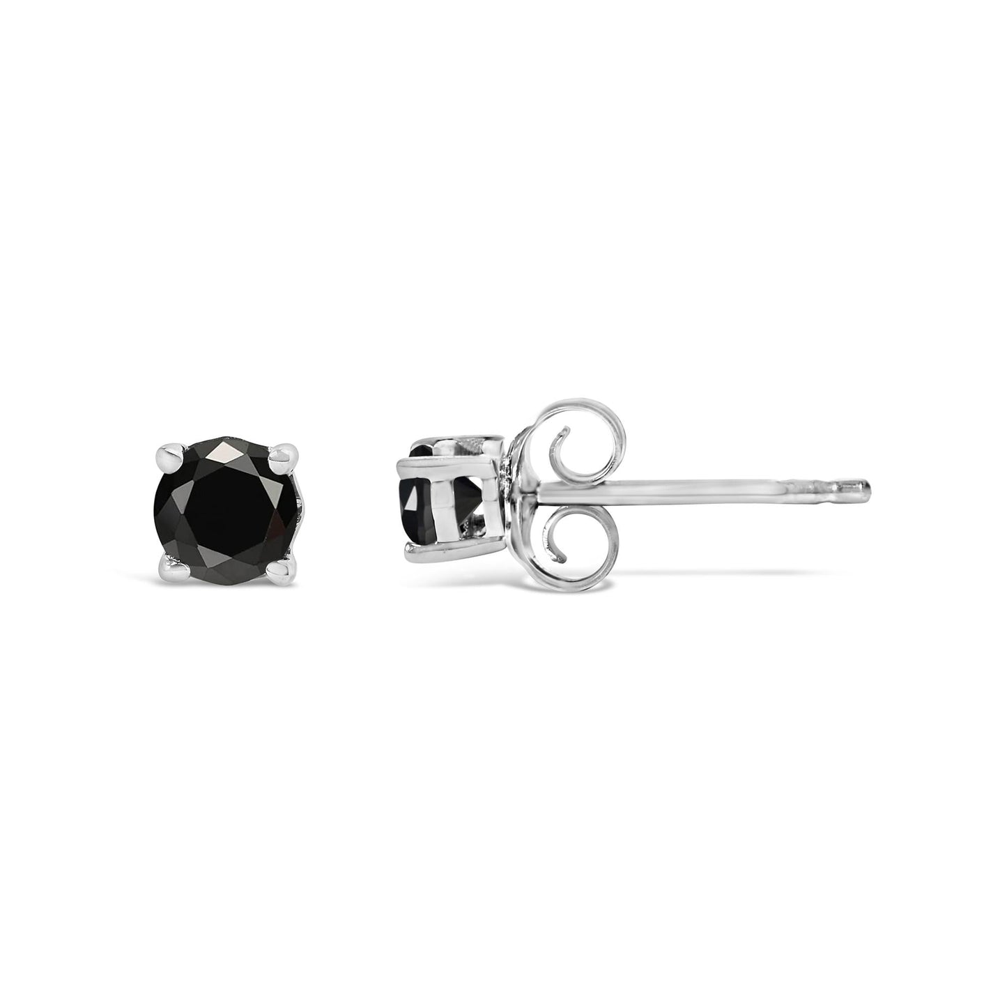 .925 Sterling Silver Black Diamond Solitaire Stud Earrings (Black Color, I2-I3 Clarity)