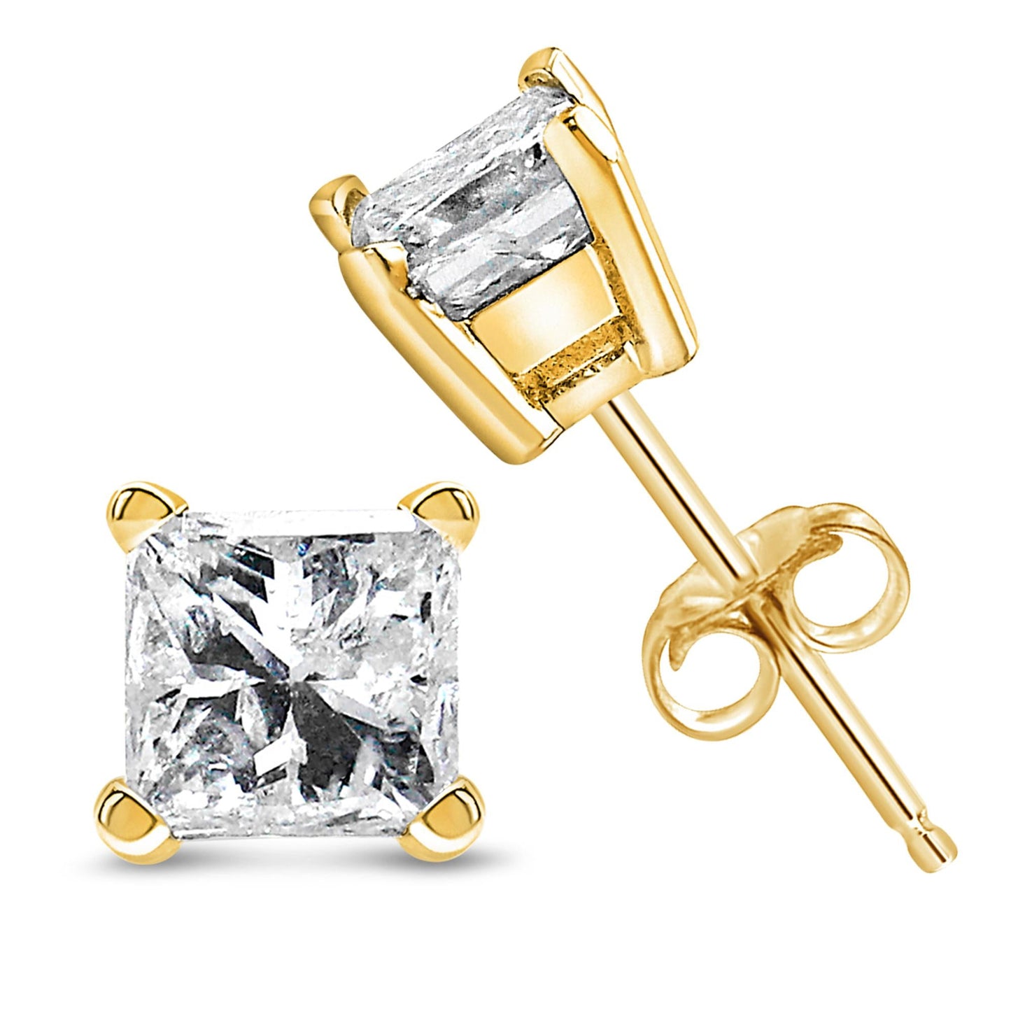 AGS Certified Princess-Cut Square Diamond 4-Prong Solitaire Stud Earrings in 14K Gold (N-O Color, I1-I2 Clarity)