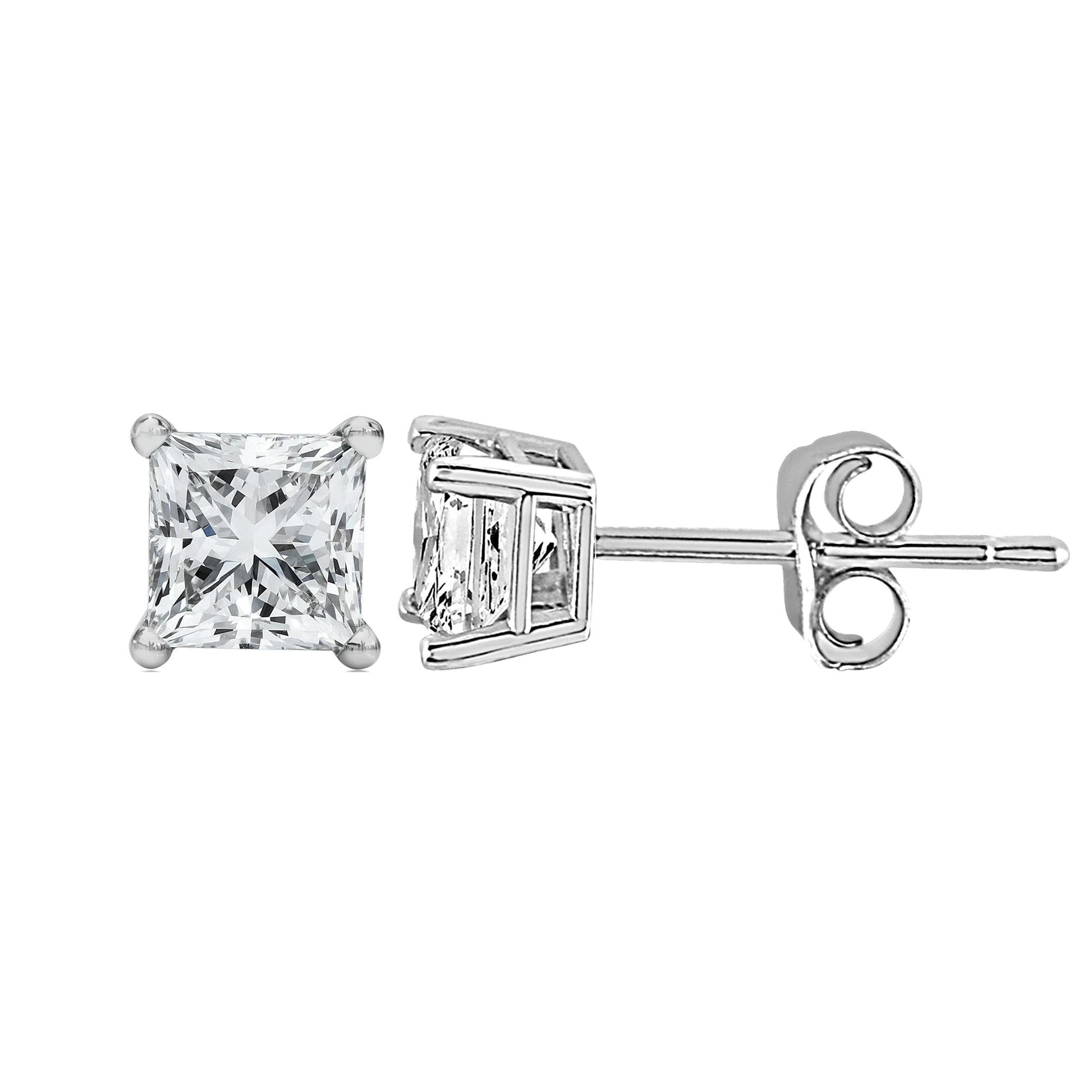 14K White Gold Princess Cut Lab-Grown Diamond Solitaire Stud Earrings (F-G