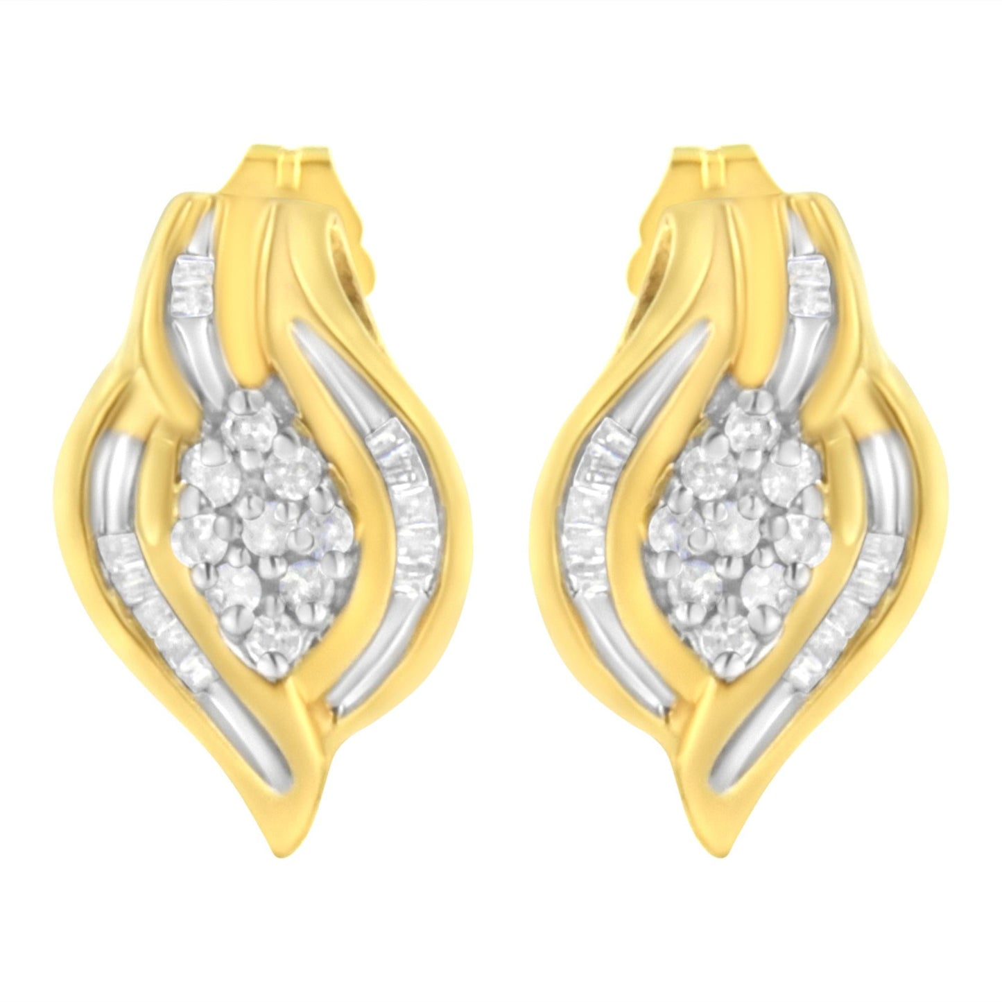 10K Yellow Gold 1/3 cttw Round-Cut Diamond Cluster and Swirl Stud Earrings (J-K