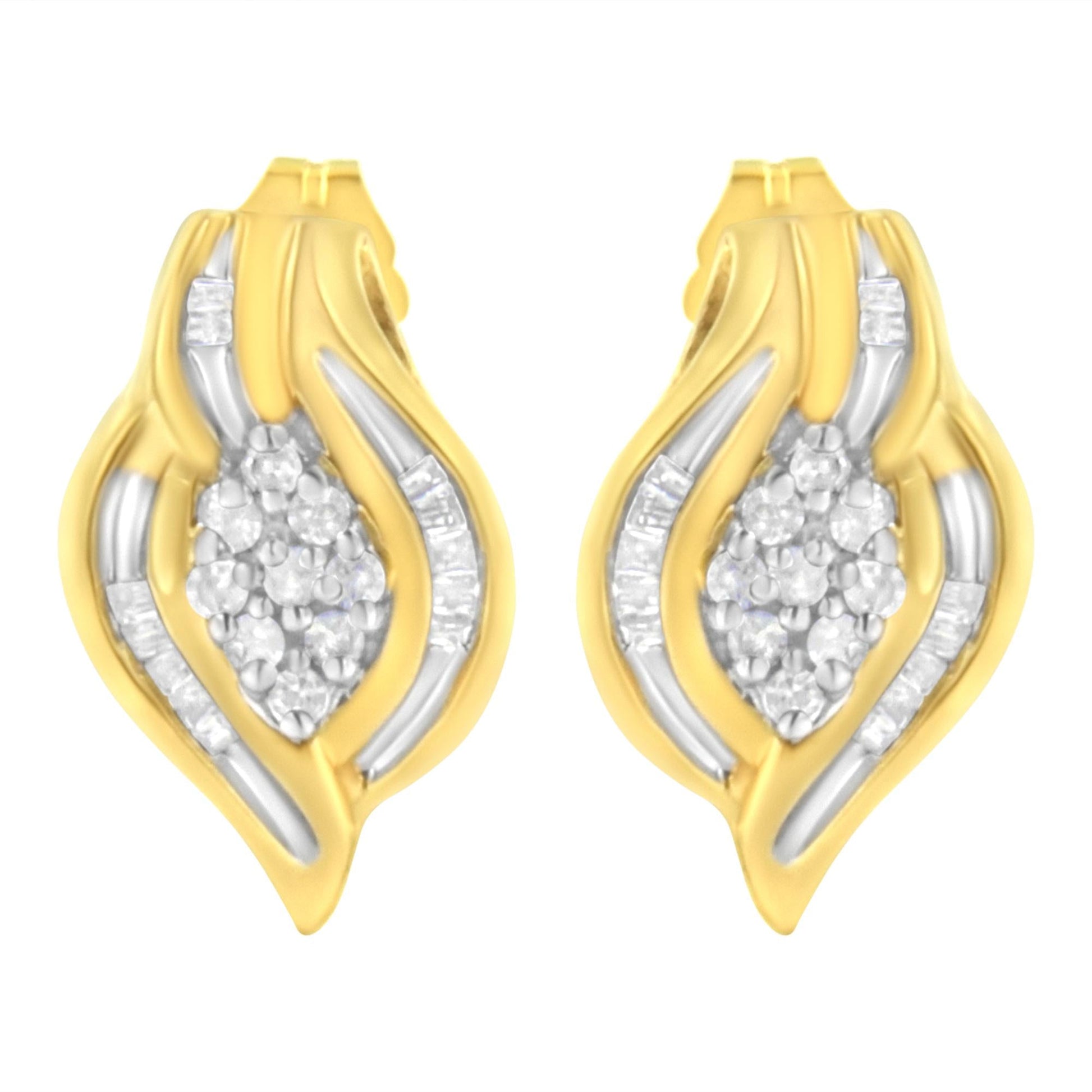 10K Yellow Gold 1/3 cttw Round-Cut Diamond Cluster and Swirl Stud Earrings (J-K