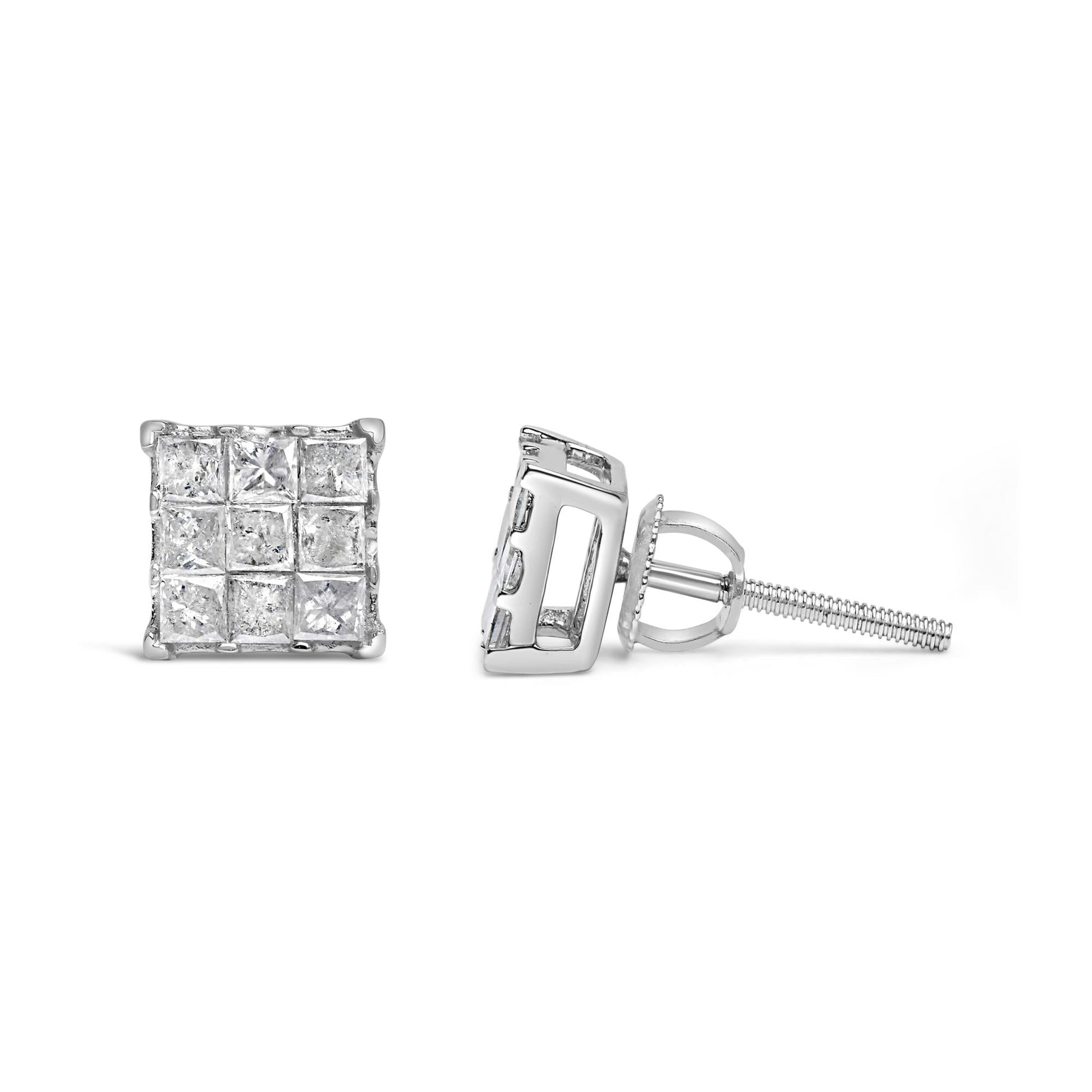 10K White Gold 1/2 Cttw Invisible Princess-cut Diamond 9 Stone Composite Stud