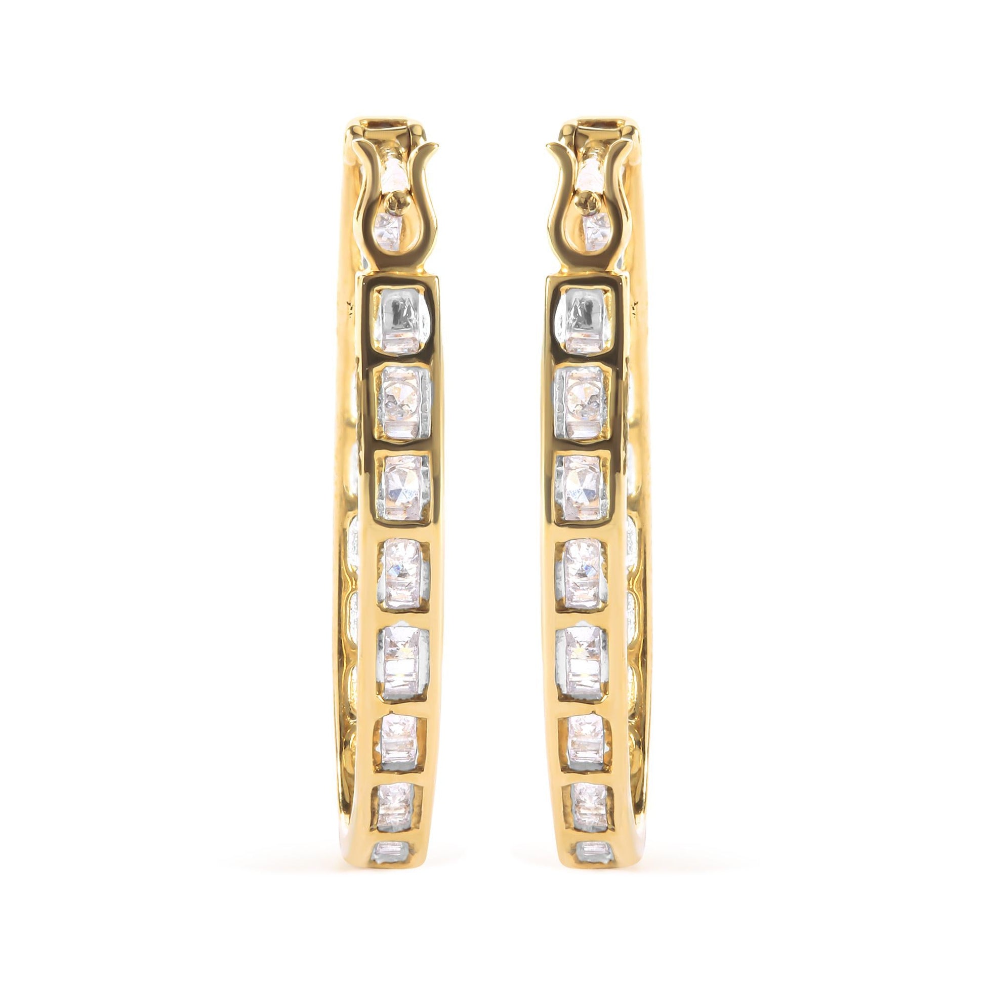 10K Yellow Gold 1.00 Cttw Round and Baguette-Cut Diamond U-Hoop Earrings (H-I