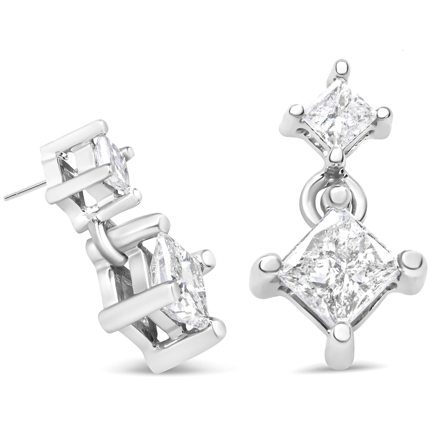 14K White Gold 1.0 Cttw Princess-Cut Double Diamond Drop Stud Earrings