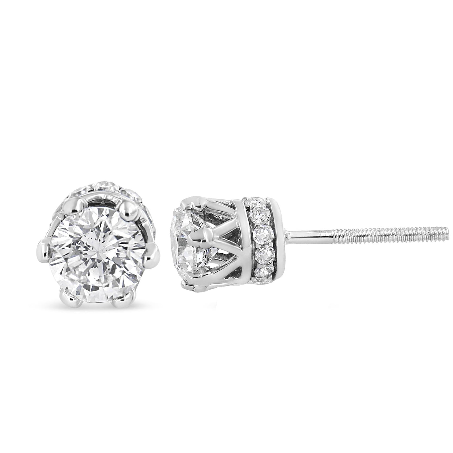 14K White Gold 1.0 Cttw Round Cut Prong-Set Diamond Crown Stud Earring (I-J