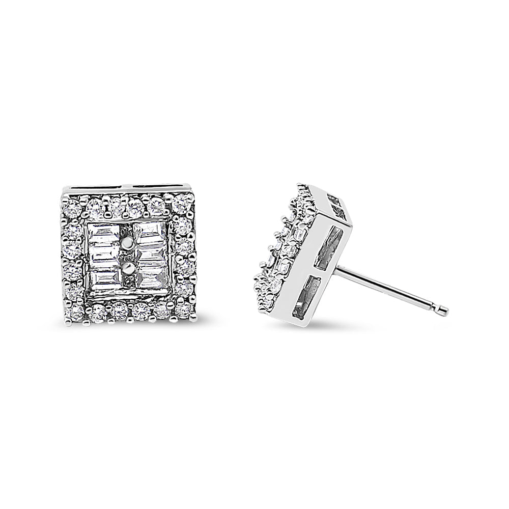 14K White Gold 1 cttw Round and Baguette Diamond Stud Earrings (H-I SI1-SI2)