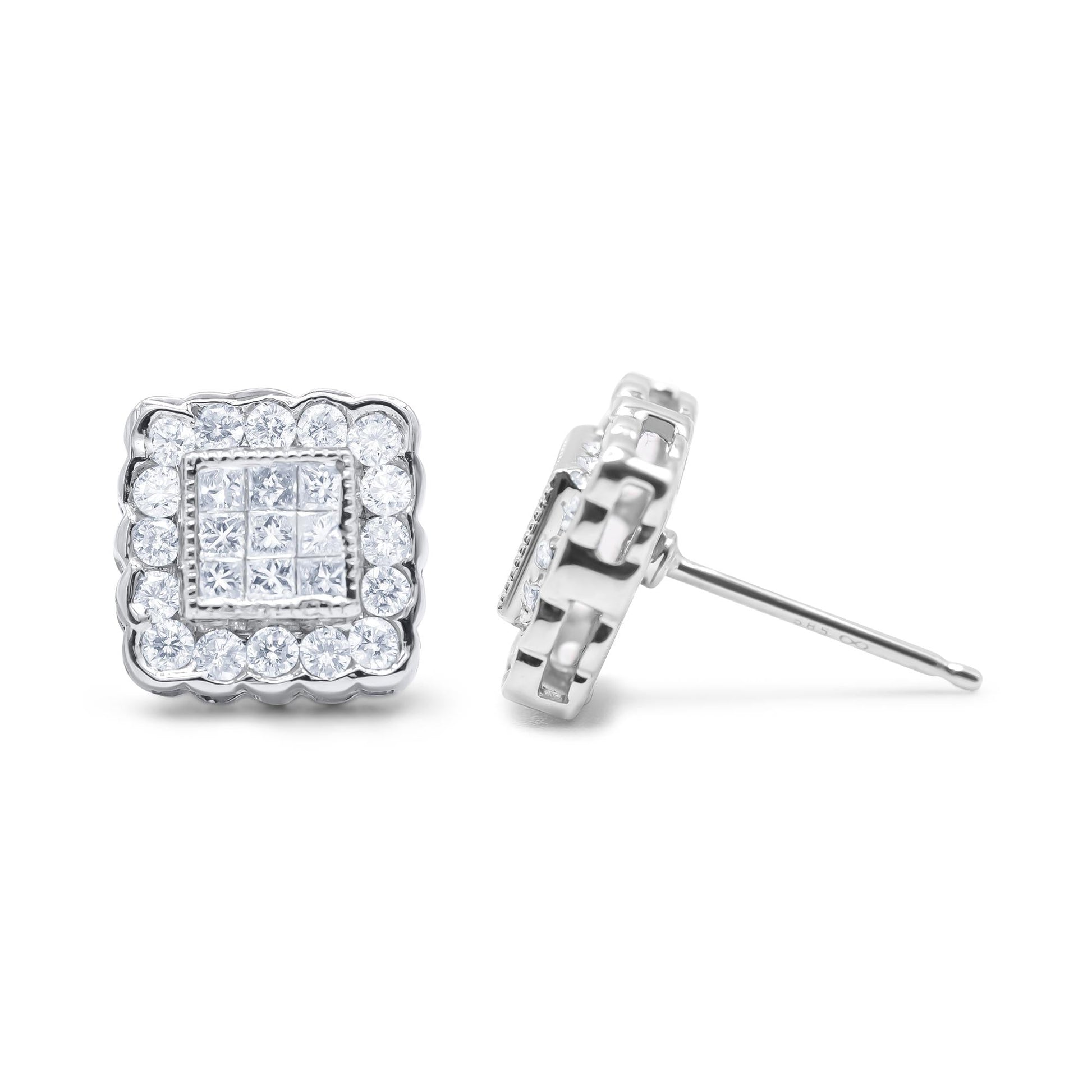 14K White Gold 1.0 Cttw Round Brilliant & Princess Cut Diamond Scallop-Edge