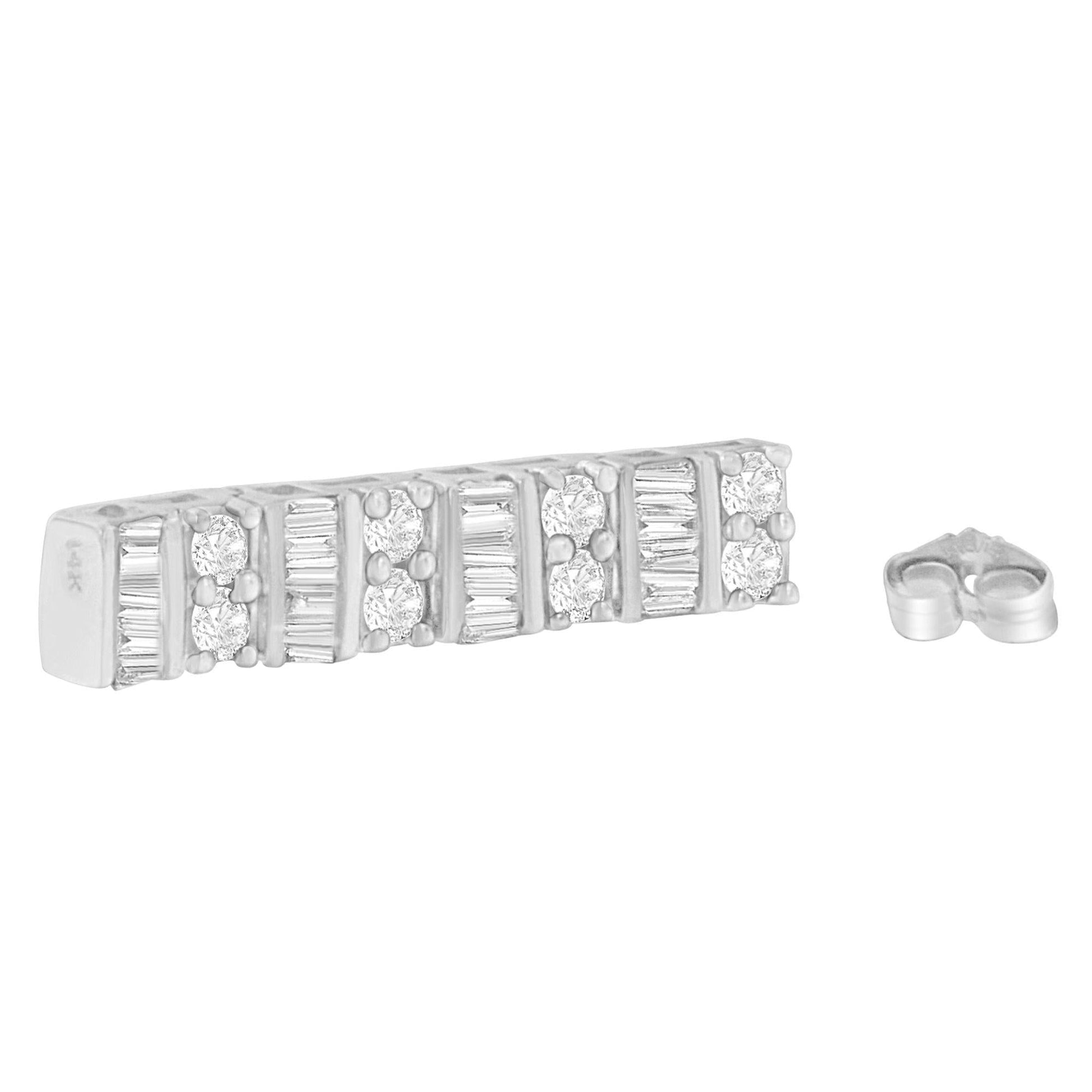 14K White Gold 1 1/3 cttw Round And Baguette Cut Diamond Earrings (H-I SI2-I1)