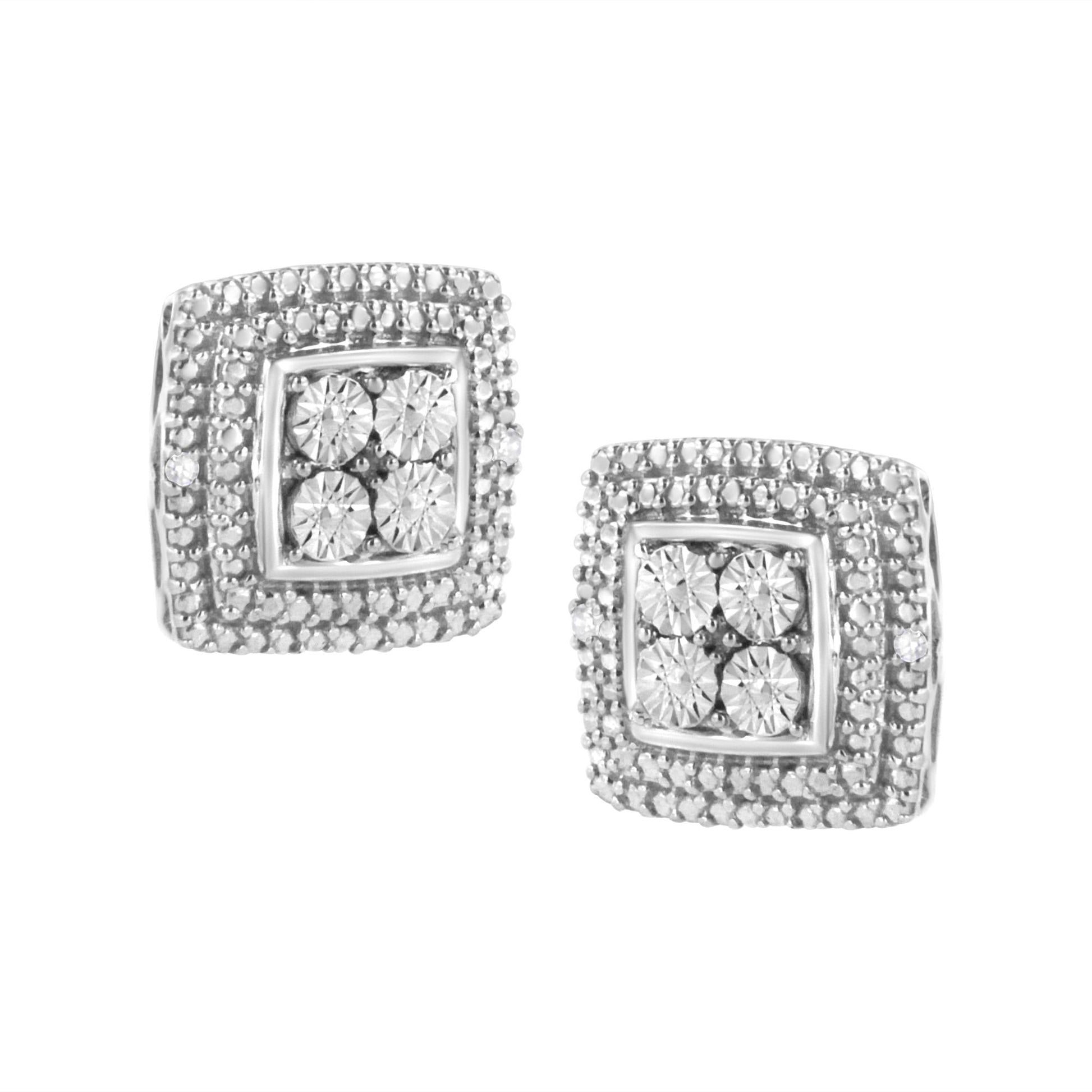 .925 Sterling Silver Diamond Accented Square Shaped Milgrain Stud Earrings (I-J