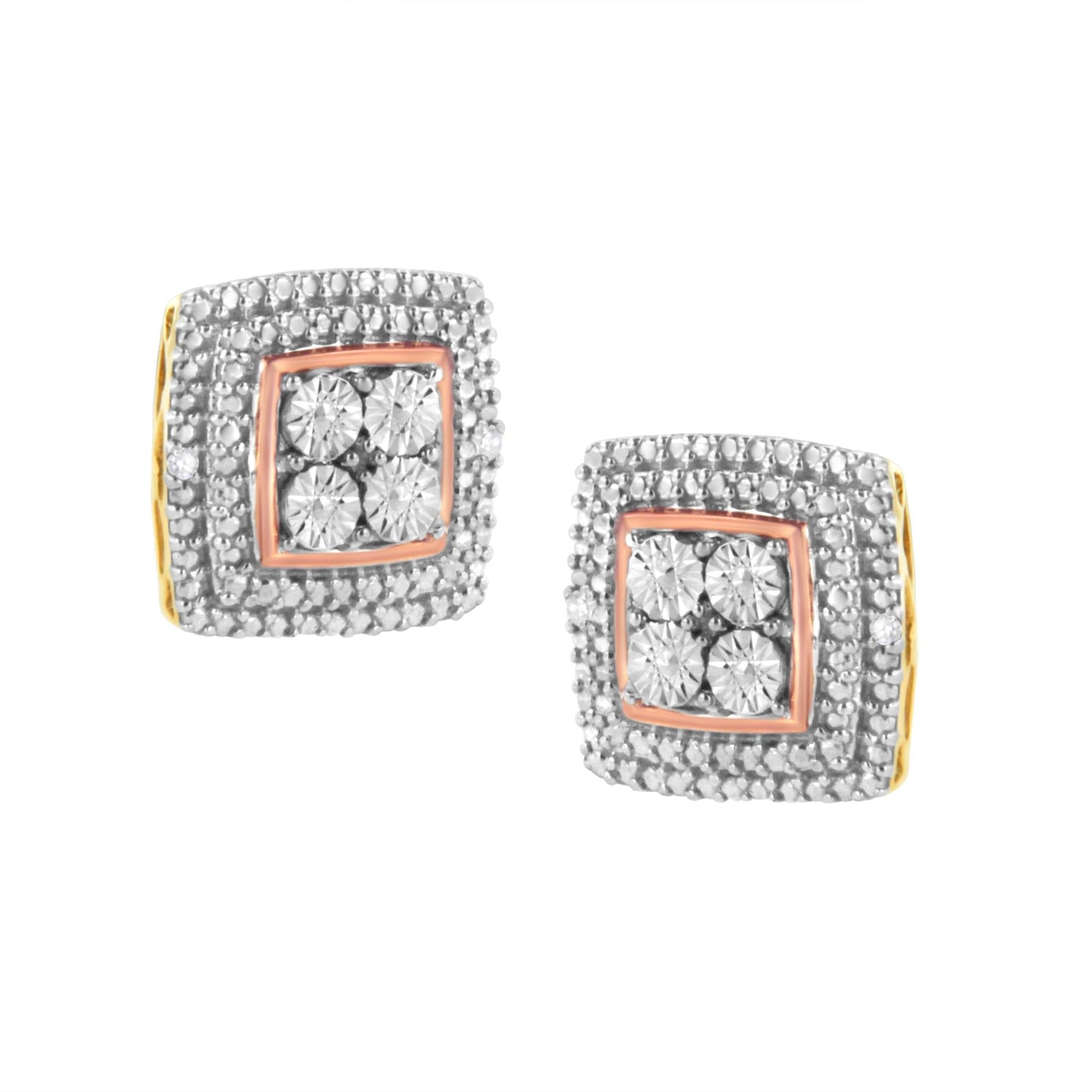 .925 Sterling Silver Diamond Accented Square Shaped Milgrain Stud Earrings (I-J