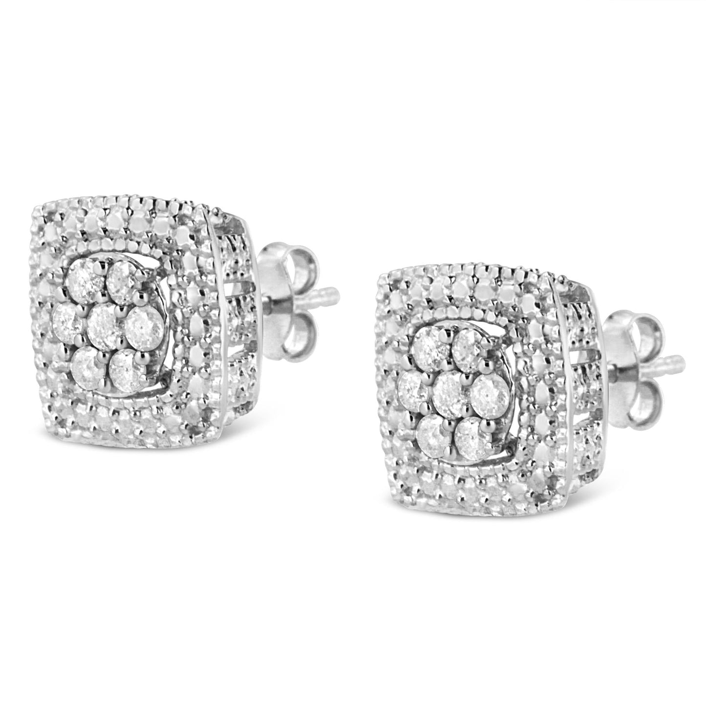 .925 Sterling Silver 1/2 Cttw Diamond Miligrain Square Shape Stud Earrings (I-J