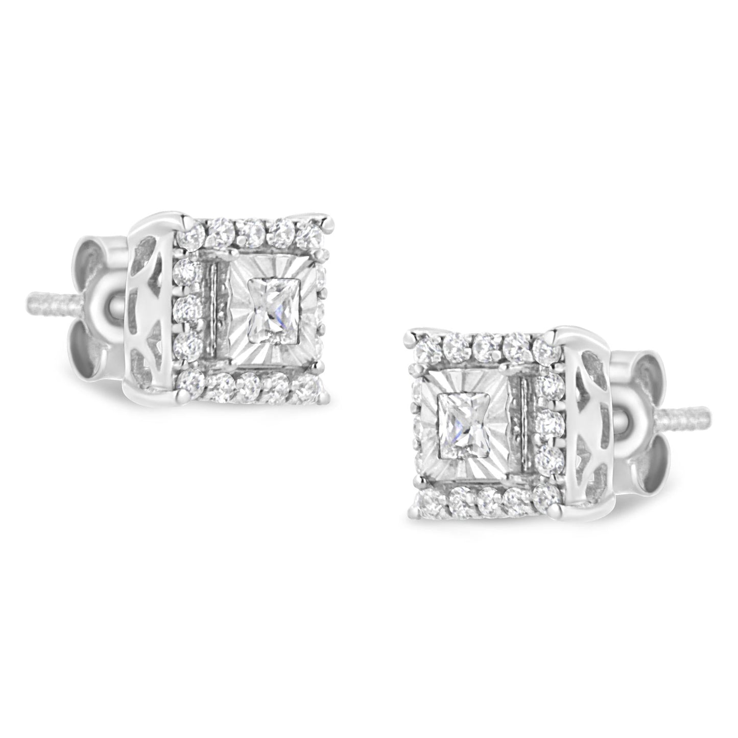 .925 Sterling Silver 1/4 Cttw Princess and Round Cut Diamond Halo Stud Earrings