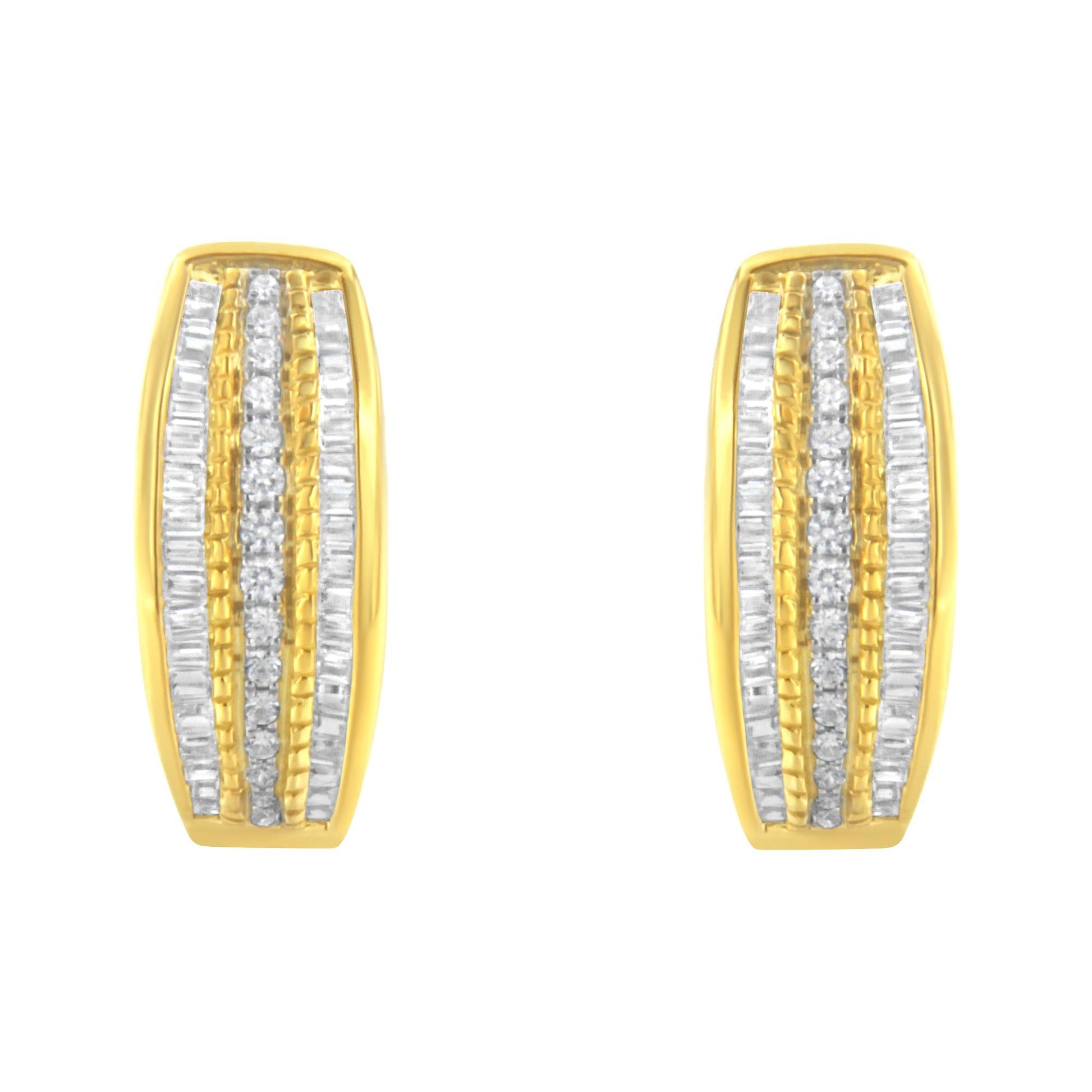 10K Yellow Gold 3/4 Cttw Pave and Channel Set Diamond Triple Row Modern Hoop