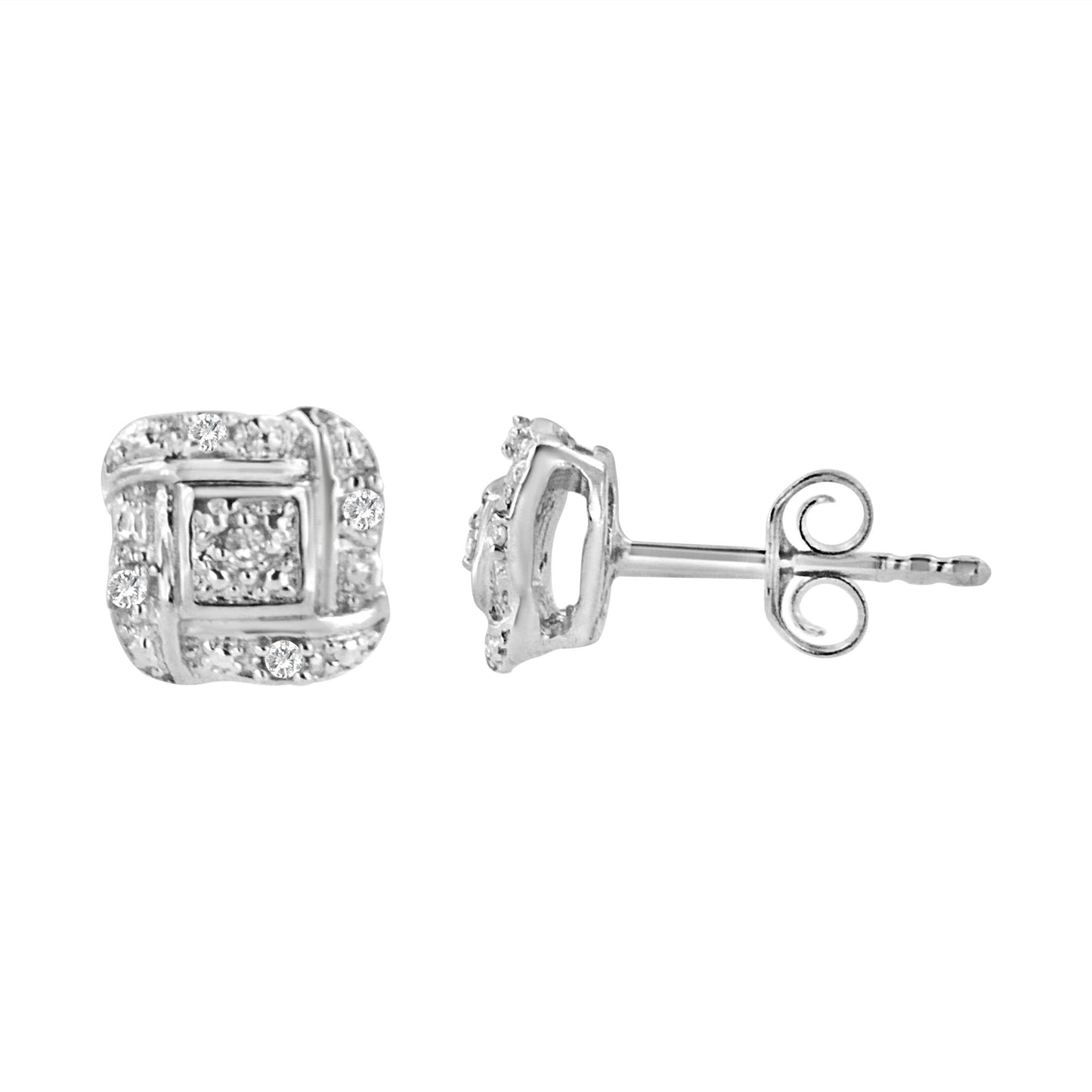 Sterling Silver Round Cut Diamond Square Stud Earrings (0.04 cttw H-I Color