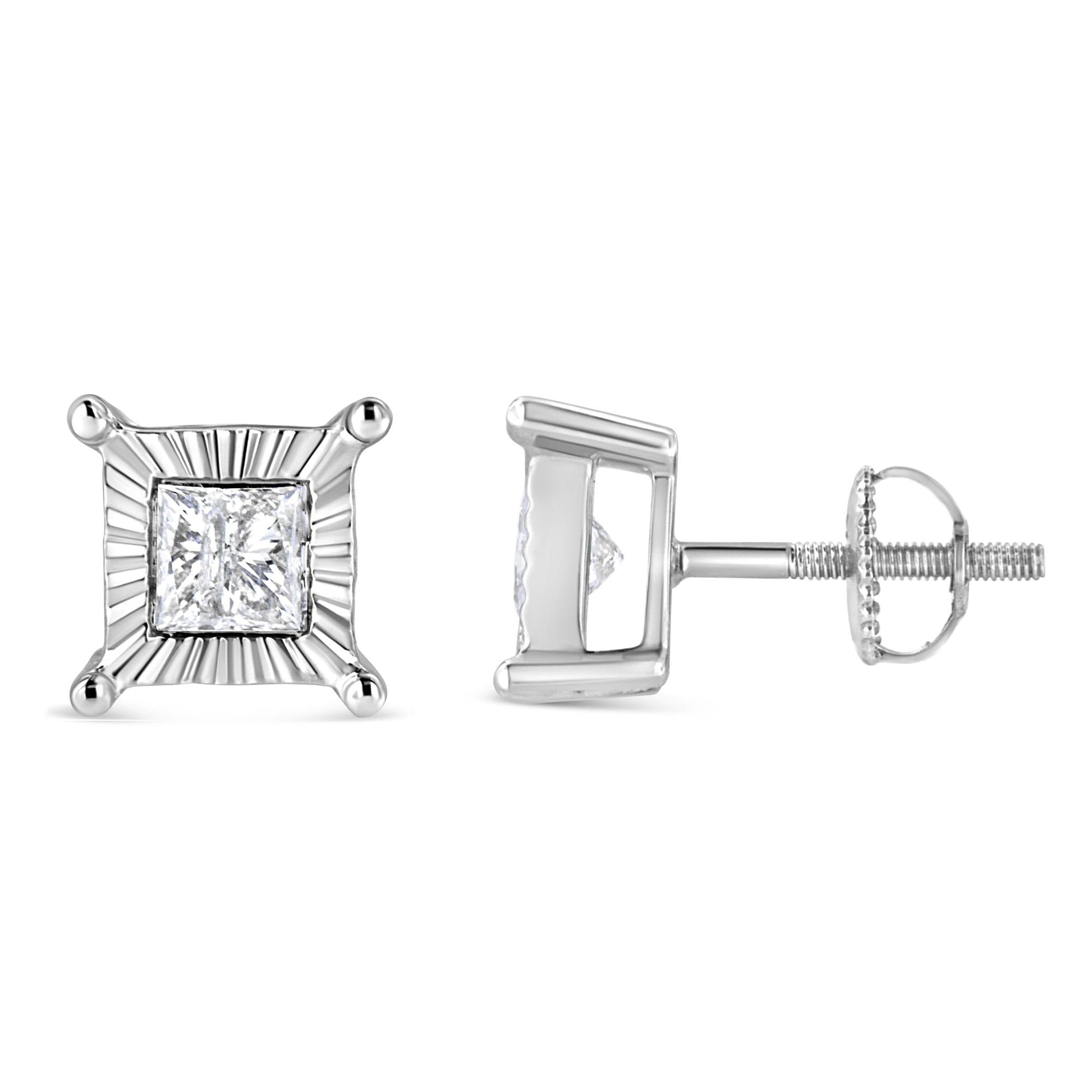 .925 Sterling Silver Miracle Set Princess-cut Diamond Solitaire Stud Earrings