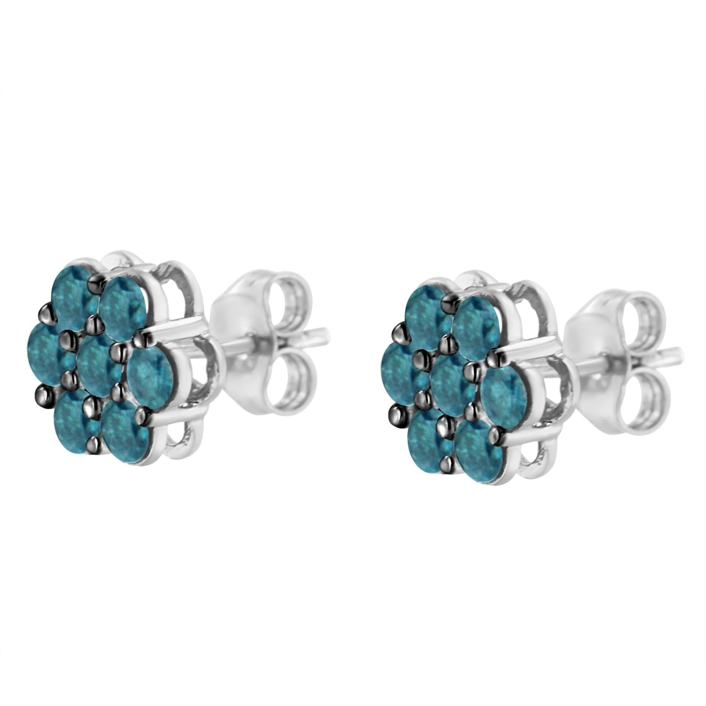 Sterling Silver Treated Blue Diamond Floral Stud Earrings (1 cttw Blue Color