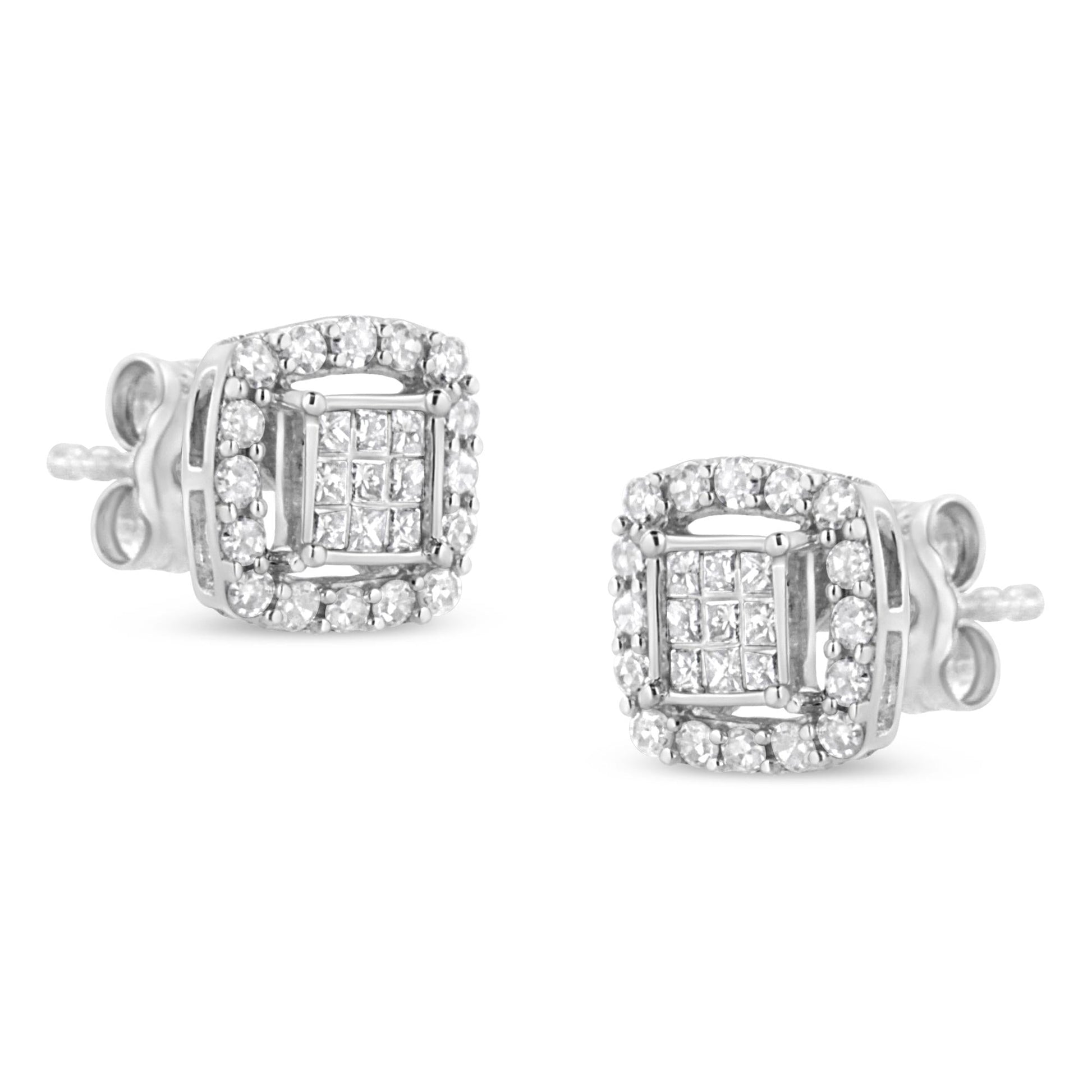 .925 Sterling Silver 1/2 Cttw Round and Princess-Cut Diamond Stud Earrings (I-J