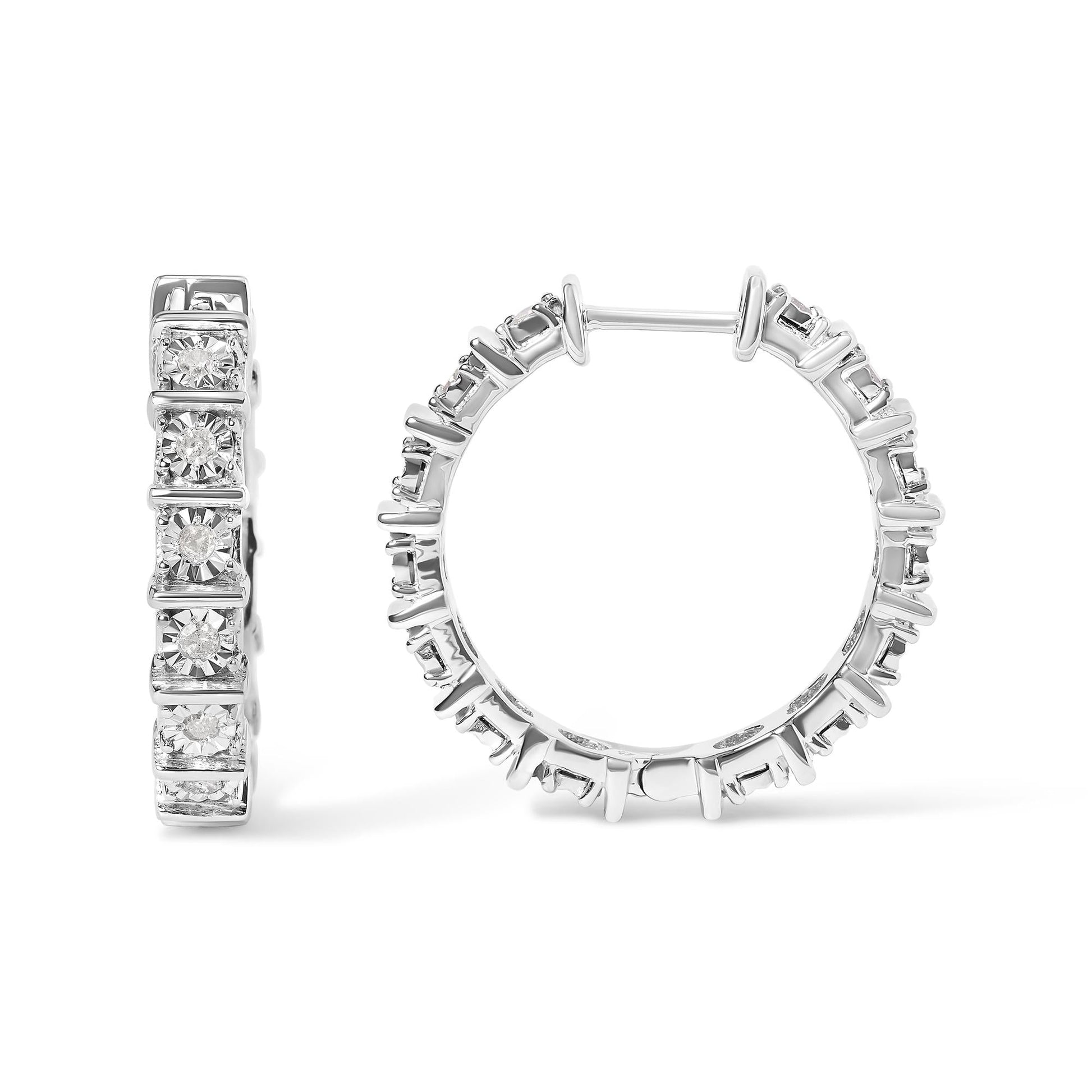 .925 Sterling Silver 1/2 Cttw Diamond Bar and Plate Eternity Hoop Earrings (I-J