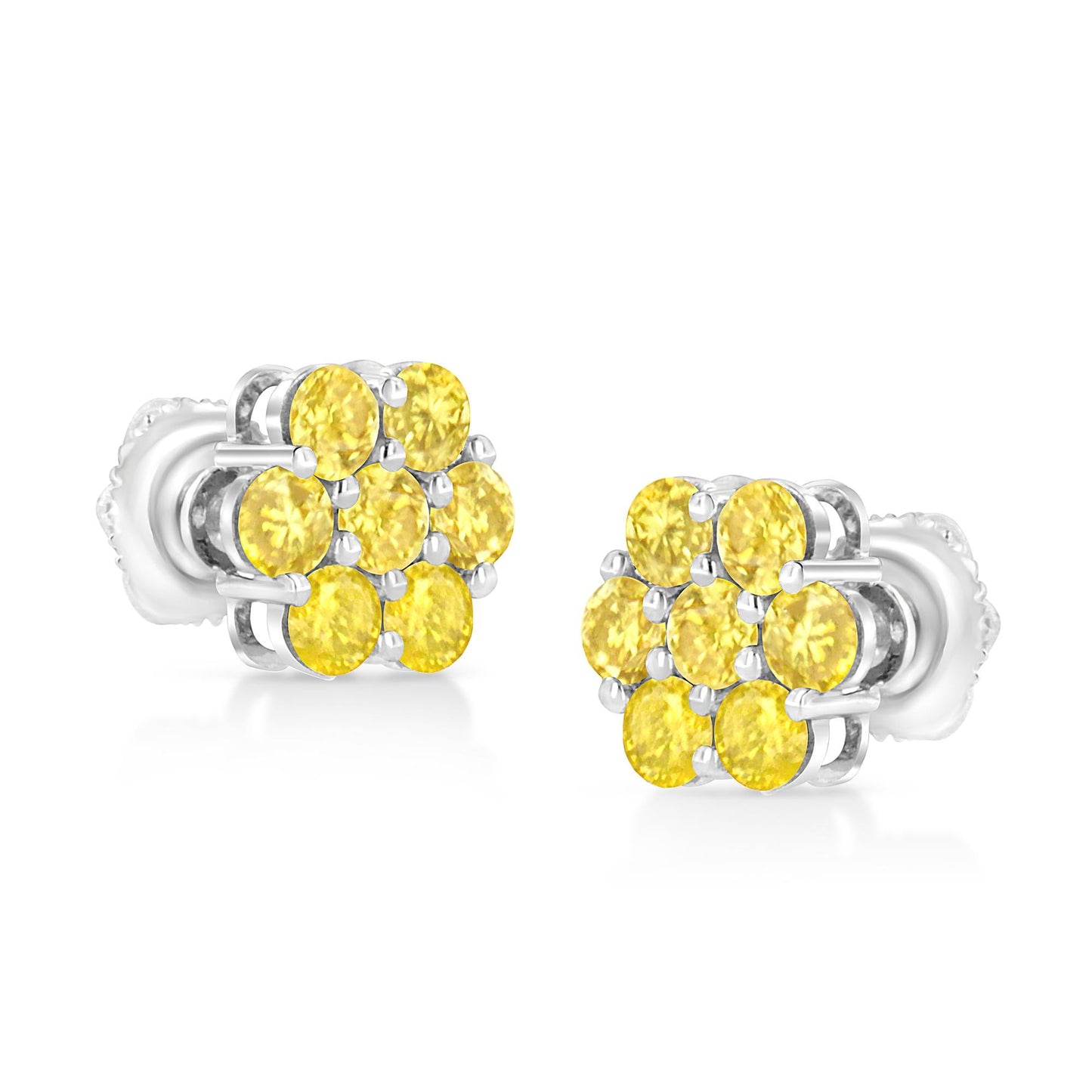 .925 Sterling Silver  Prong Set Round-Cut Treated Colored Diamond Floral Cluster Stud Earring - Choice of Diamond Colors and Total Weights