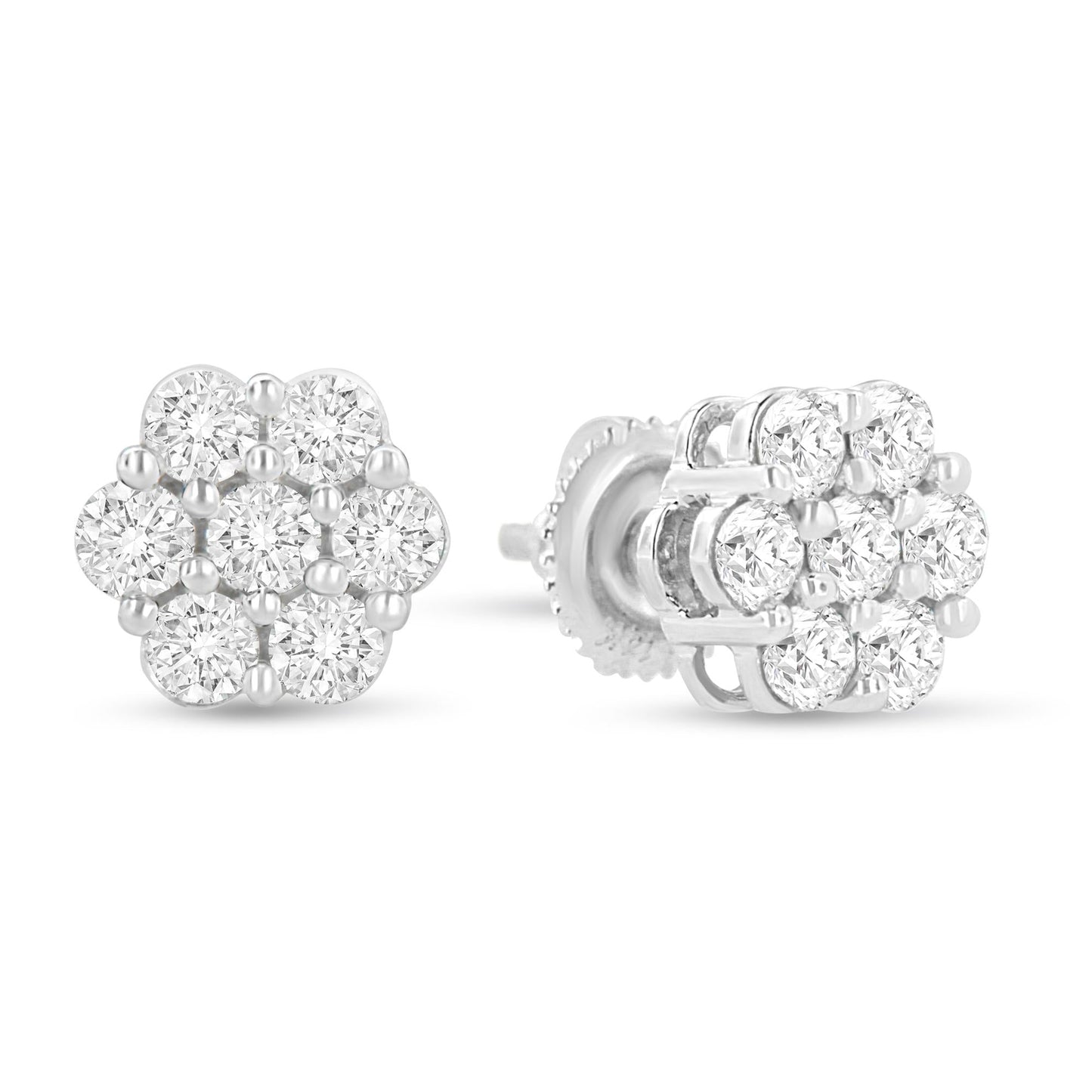 14K White Gold 1.0 Cttw Prong Set Round-Cut Diamond Floral Stud Earrings (H-I