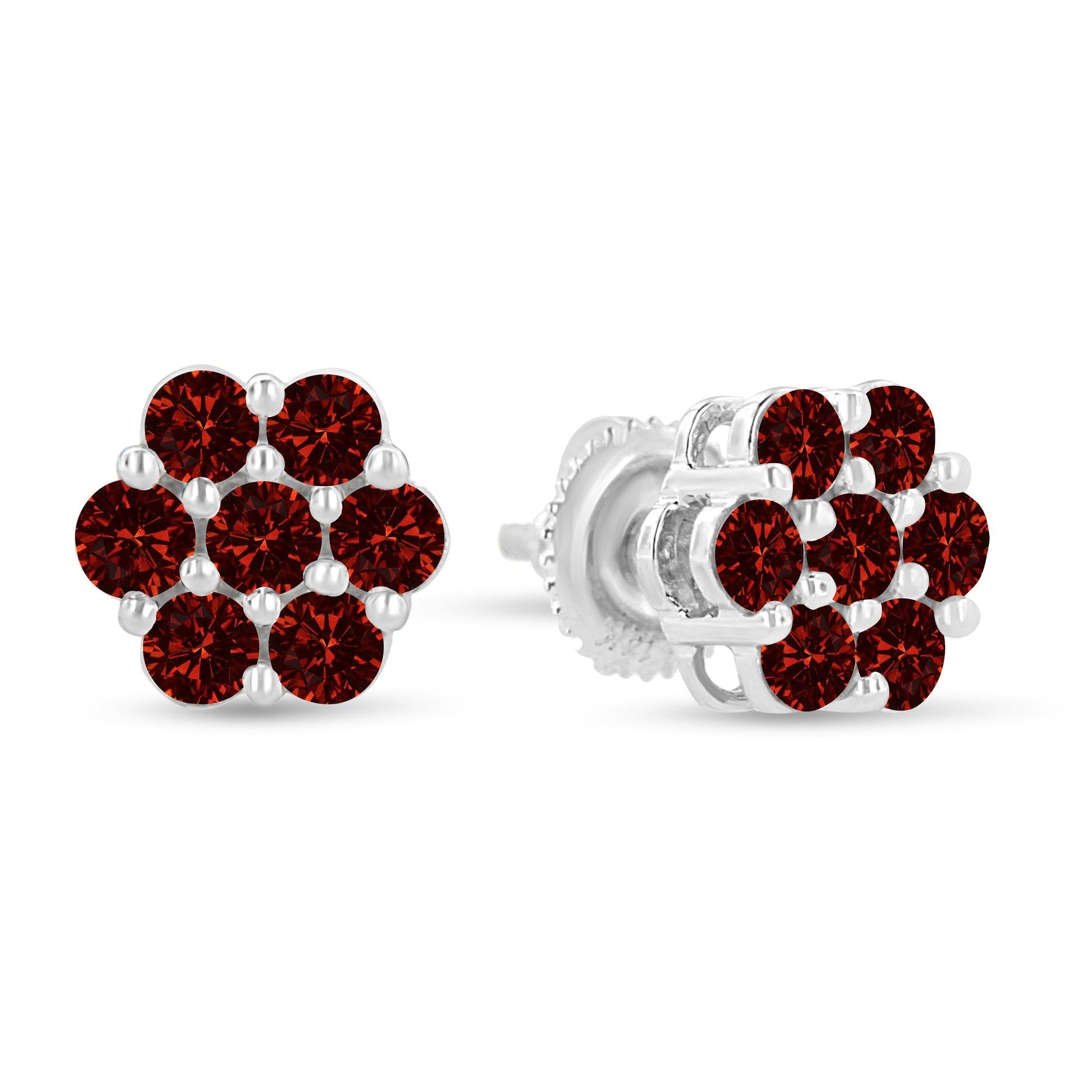 14K White Gold 1.0 Cttw Treated Red Diamond Prong Set 7 Stone Floral Stud