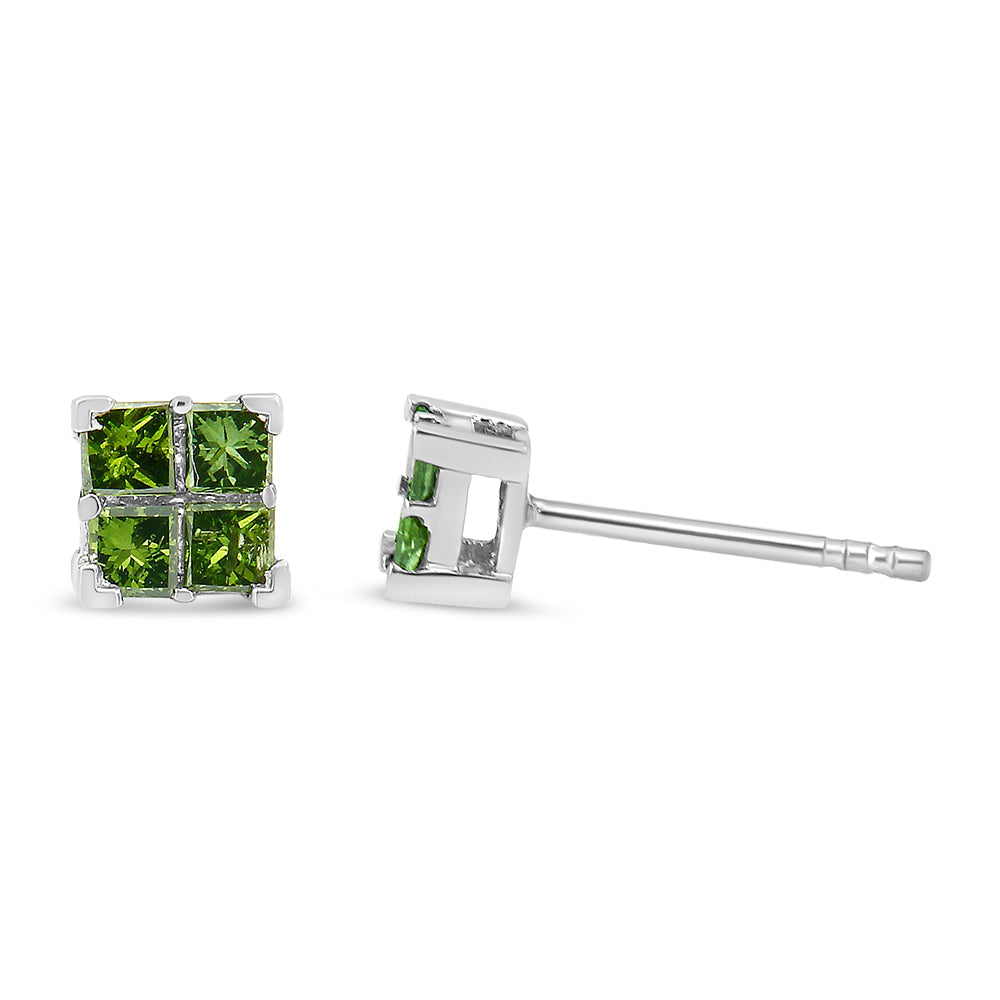 .925 Sterling Silver Treated Green Princess-cut Diamond 4 Stone Composite Quad