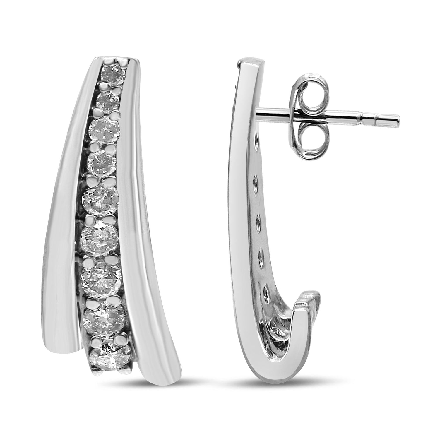 .925 Sterling Silver 1 Cttw Round Diamond Graduated Huggie Earrings (I2-I3