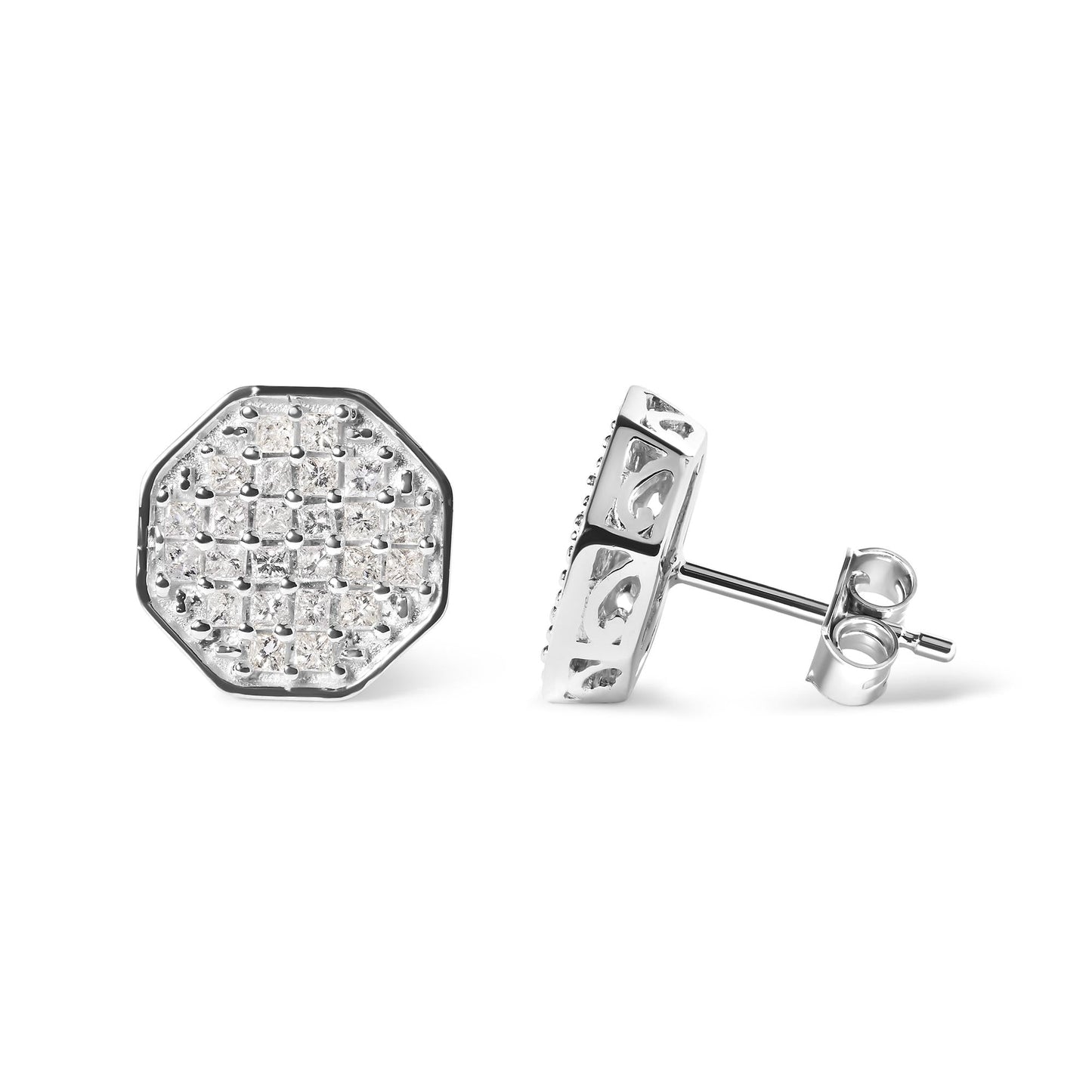 10K White Gold 7/8 Cttw Princess Diamond Composite Octagon Shaped Stud Earrings