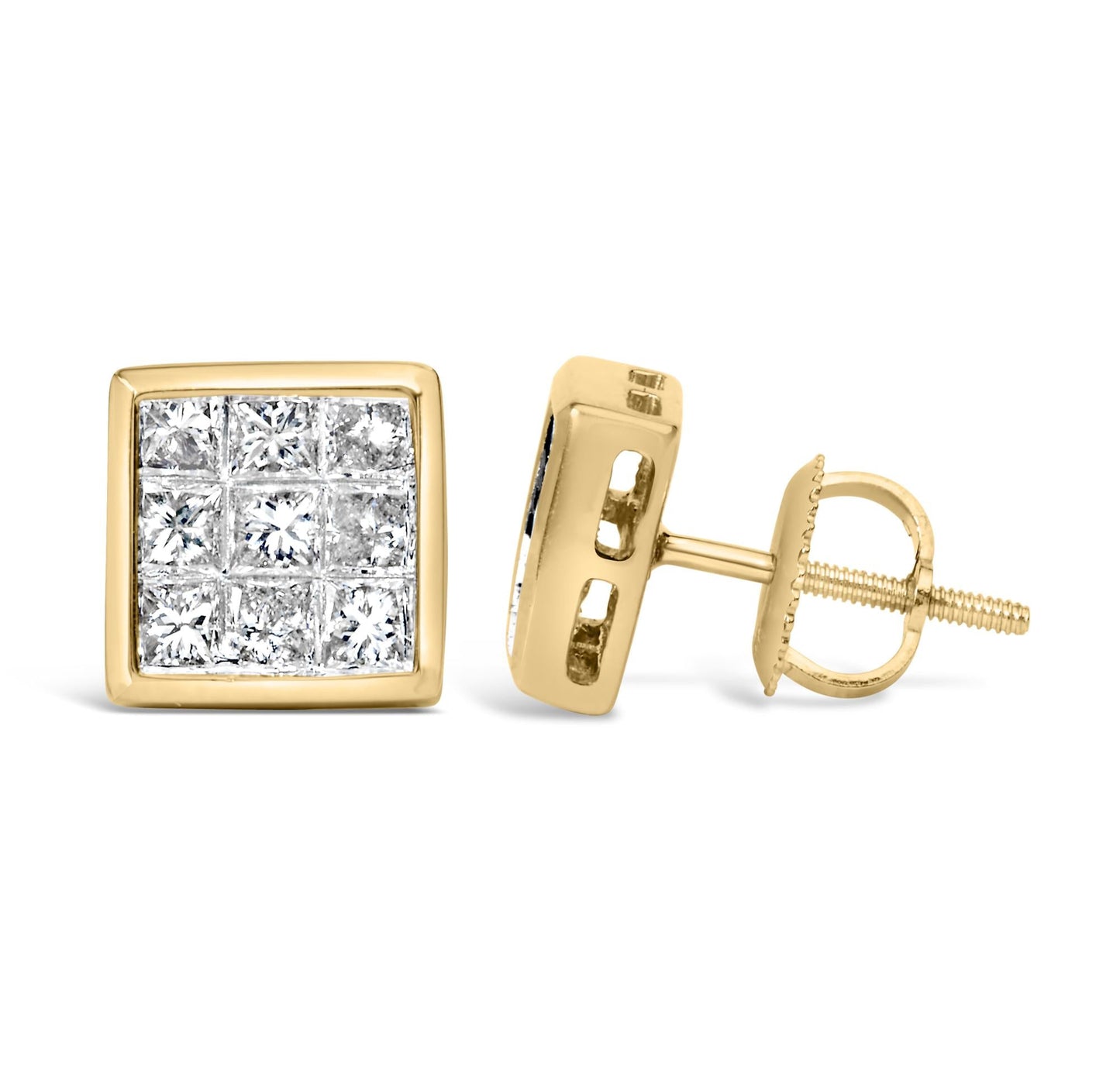 14K Yellow Gold 1.0 Cttw Princess Cut Diamond Composite Stud Earrings