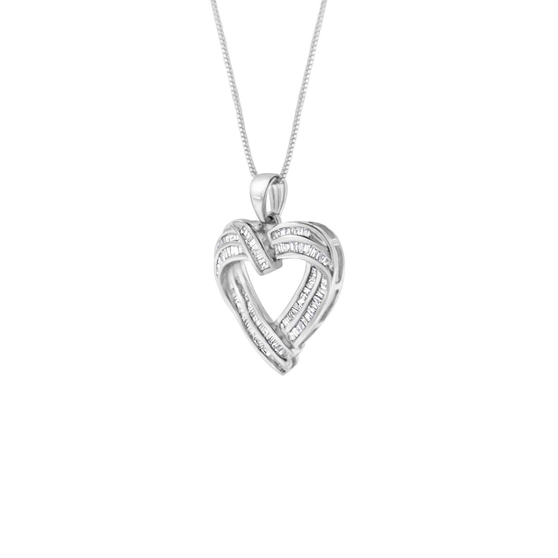 Sterling Silver 7/8 cttw Baguette Diamond Heart Pendant Necklace (I-J I2-I3)