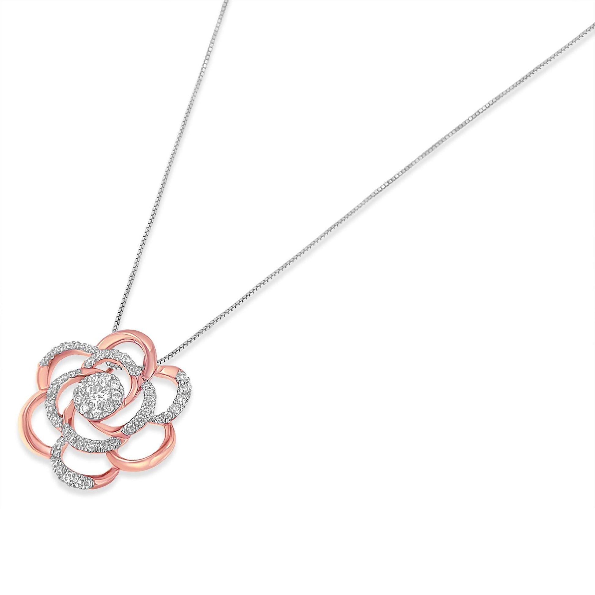 10K Rose Gold Plated Flower Accent Pendant Necklace with 1/2 cttw Round Cut