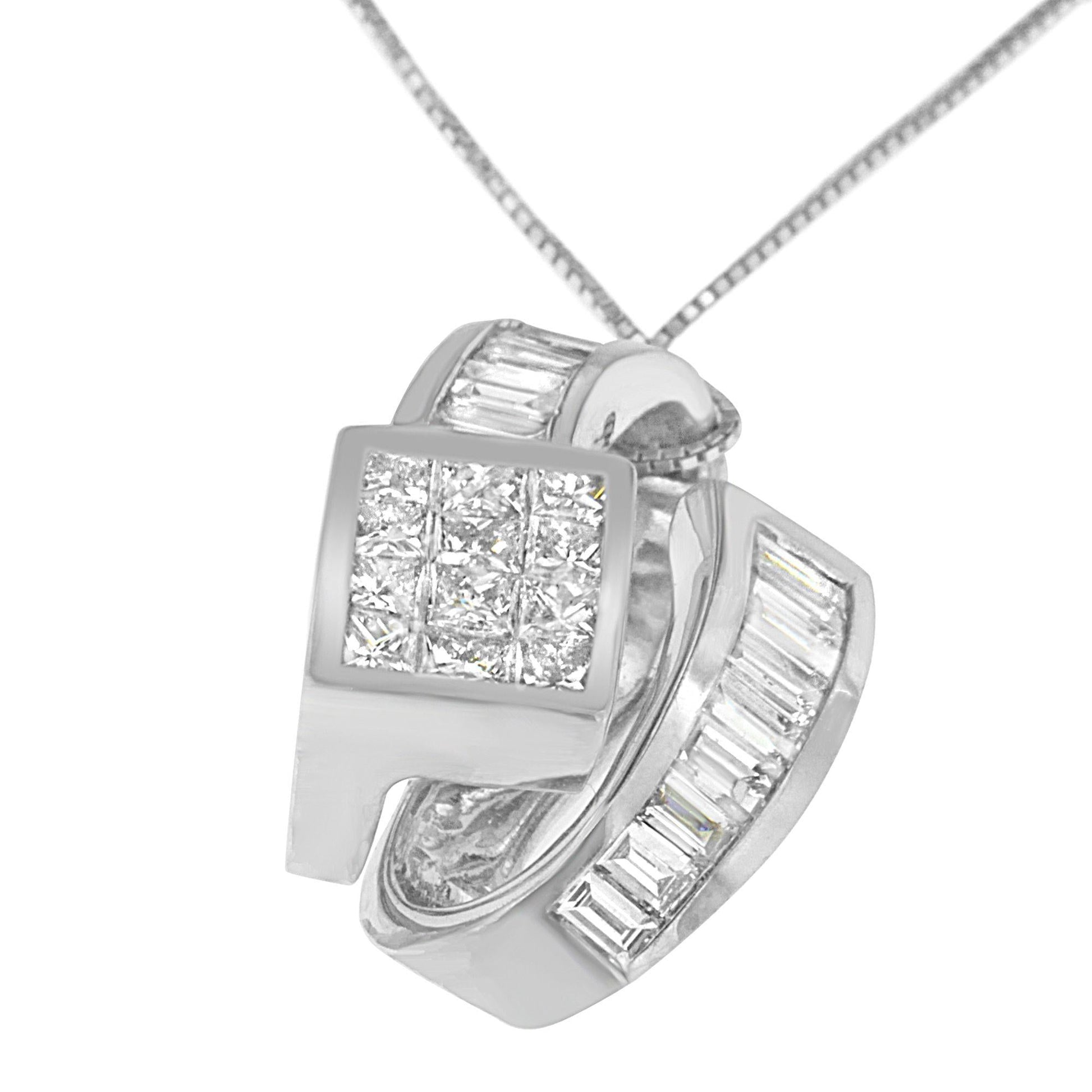 14K White Gold 2 cttw Princess and Baguette Cut Diamond Double Loop Pendant