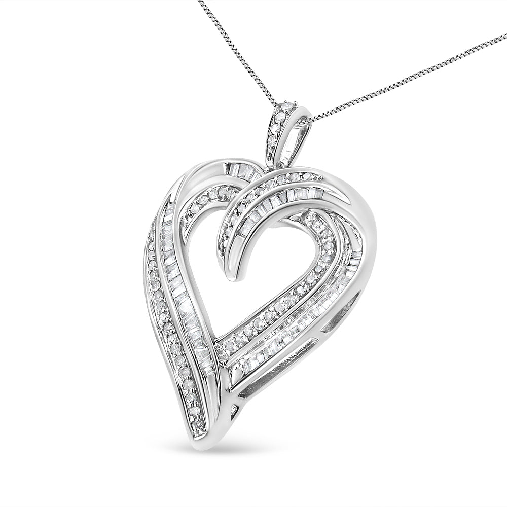 .925 Sterling Silver 3/4 Cttw Round and Baguette-Cut Diamond Open Heart