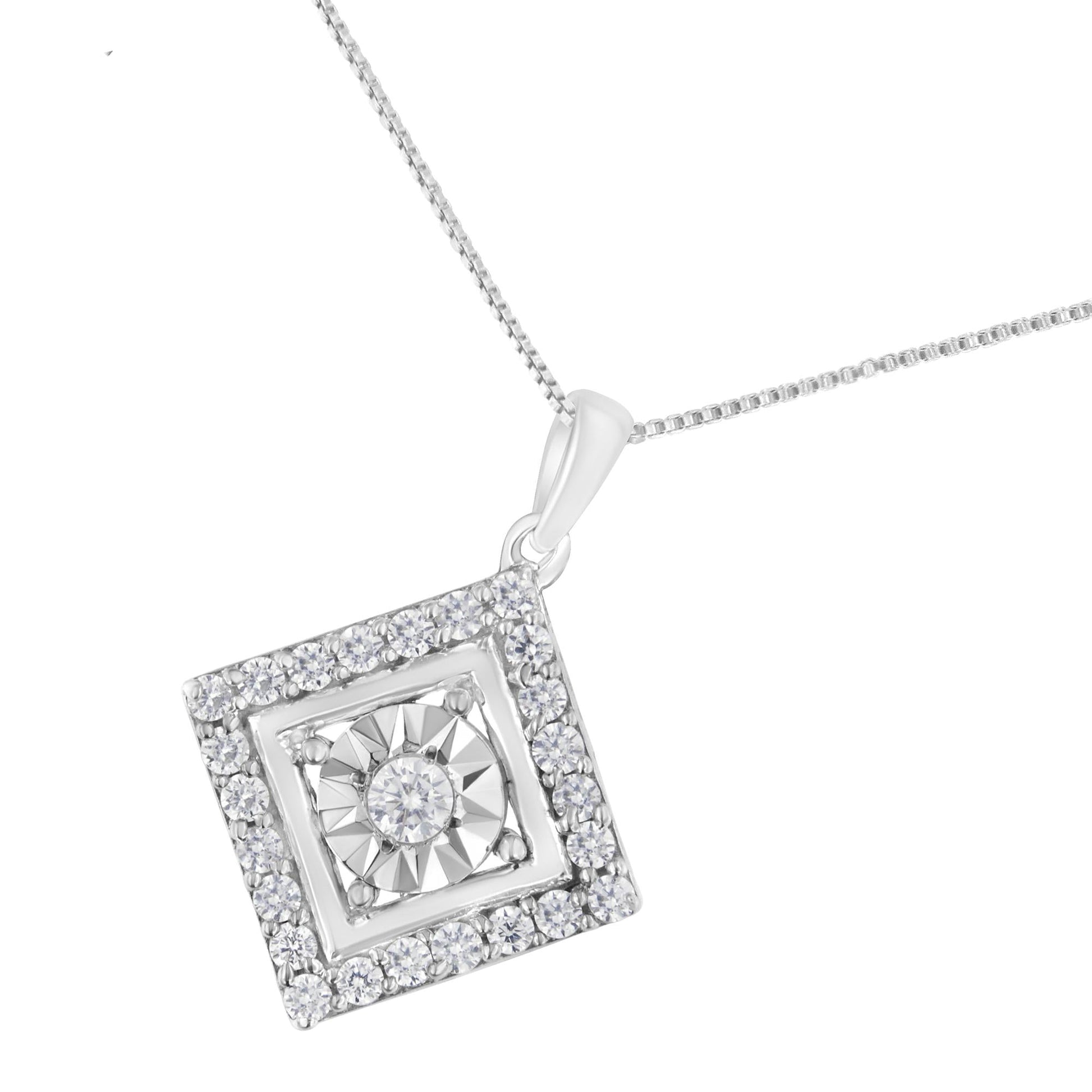 10KT White Gold 1/2 cttw Diamond Square Pendant Necklace (I-J Color I2-I3